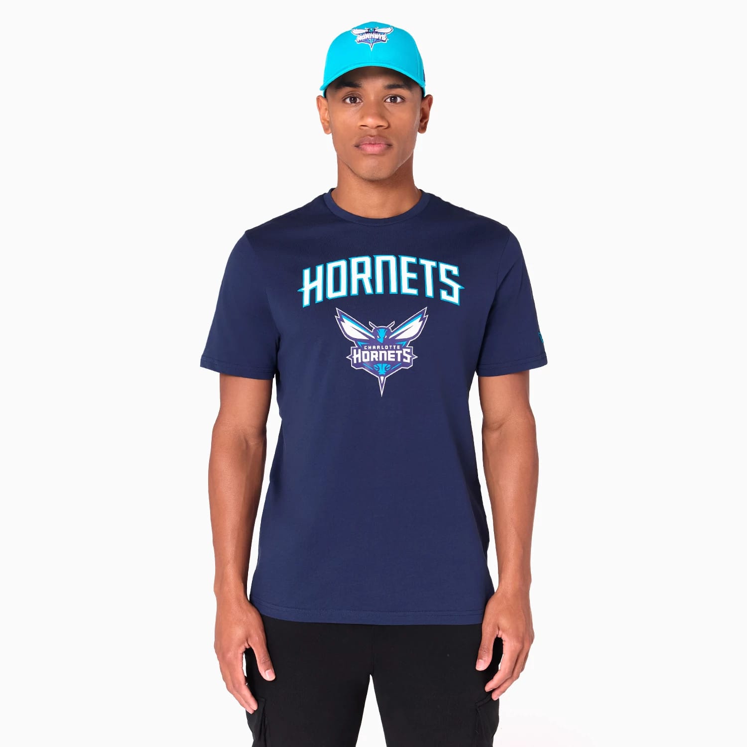 The Male model is wearing Charlotte Hornets NBA Navy T-Shirt 1