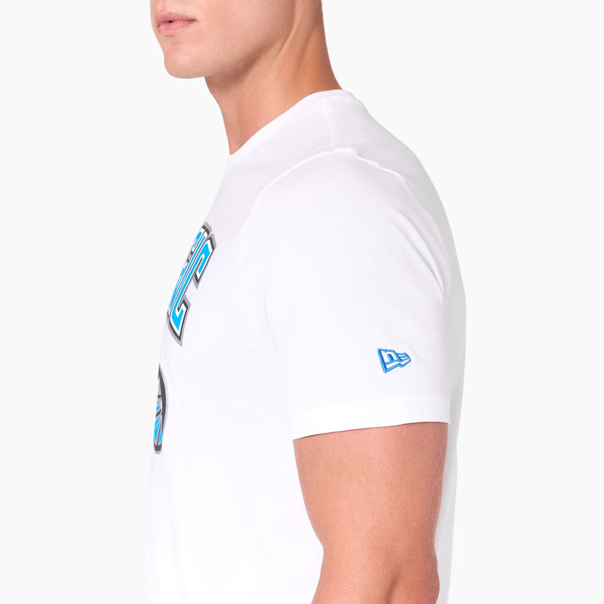 New Era Orlando Magic NBA White T-Shirt, side view showing the white fabric with a large blue and black Orlando Magic graphic on the chest and a raised blue New Era logo on the left sleeve.