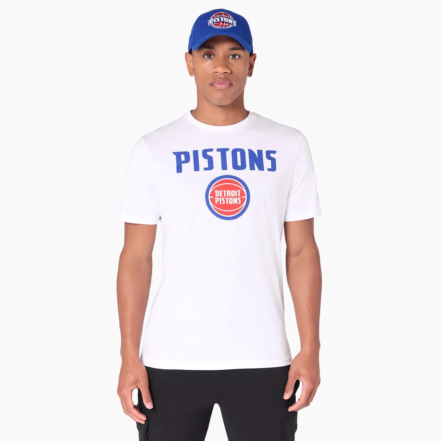 The Male model is wearing Detroit Pistons NBA White T-Shirt 1