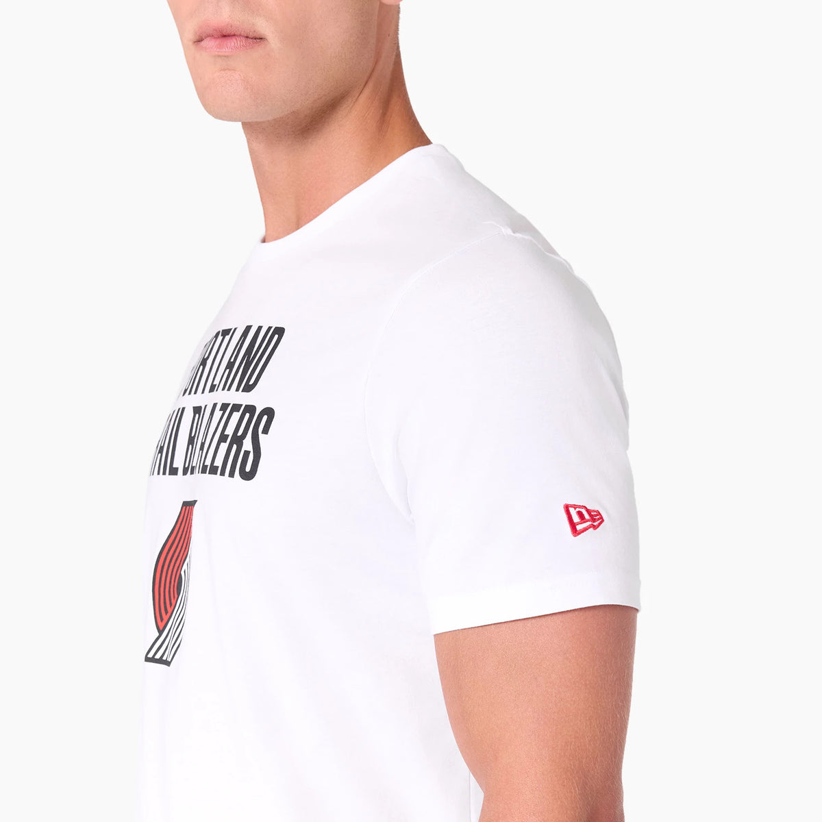 New Era Portland Trail Blazers NBA White T-Shirt, side view showing the bold black text Portland Trail Blazers and team logo on the chest, with a red embroidered New Era logo on the left sleeve.