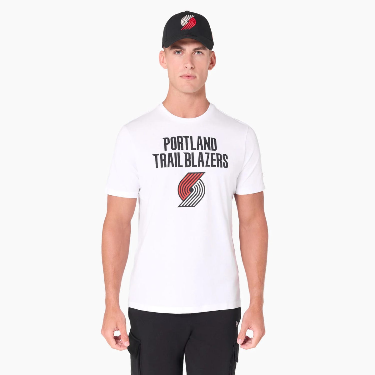 The Male model is wearing Portland Trail Blazers NBA White T-Shirt 1