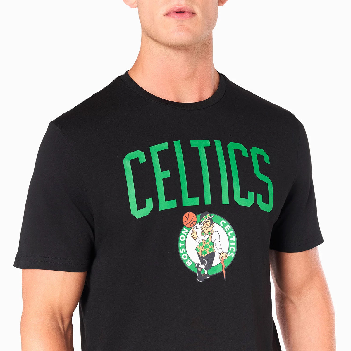 New Era Boston Celtics NBA Black T-Shirt, front view showing the green Celtics text arching over a colourful Boston Celtics logo featuring the leprechaun holding a basketball, set in the centre of the black fabric.