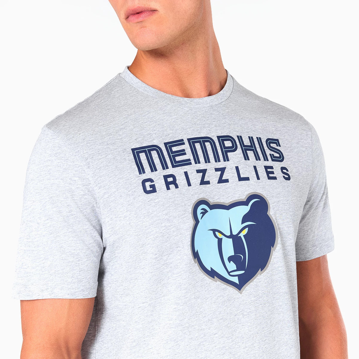New Era Memphis Grizzlies NBA Grey T-Shirt, front view showing the large blue and white grizzly bear logo centred beneath bold navy text reading Memphis Grizzlies across the chest.
