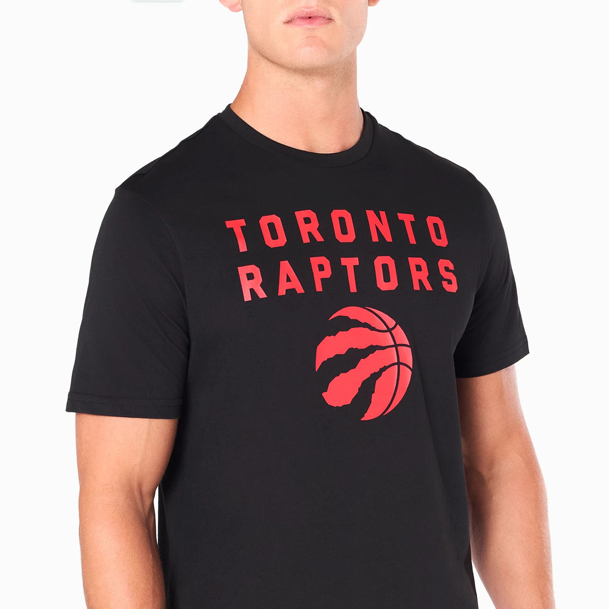 New Era Toronto Raptors NBA Black T-Shirt, front view showing red Toronto Raptors text and logo printed on the chest of the black fabric with short sleeves, the neckline round and simple.