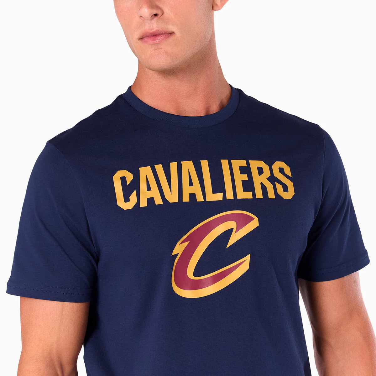 New Era Cleveland Cavaliers NBA Navy T-Shirt, front view showcasing a navy blue shirt with CAVALIERS in large yellow letters across the chest and a prominent red and yellow C logo positioned below.