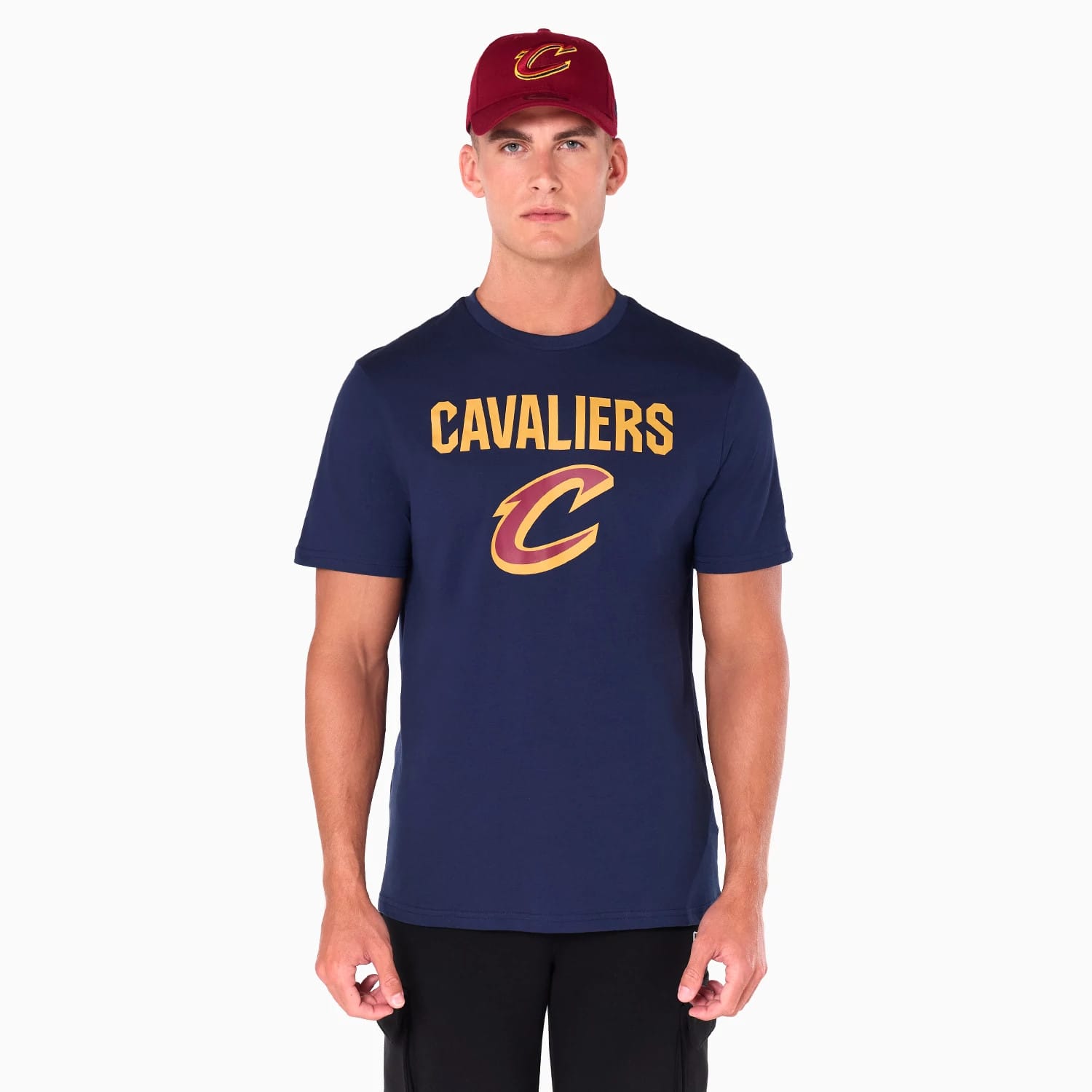 The Male model is wearing Cleveland Cavaliers NBA Navy T-Shirt 1