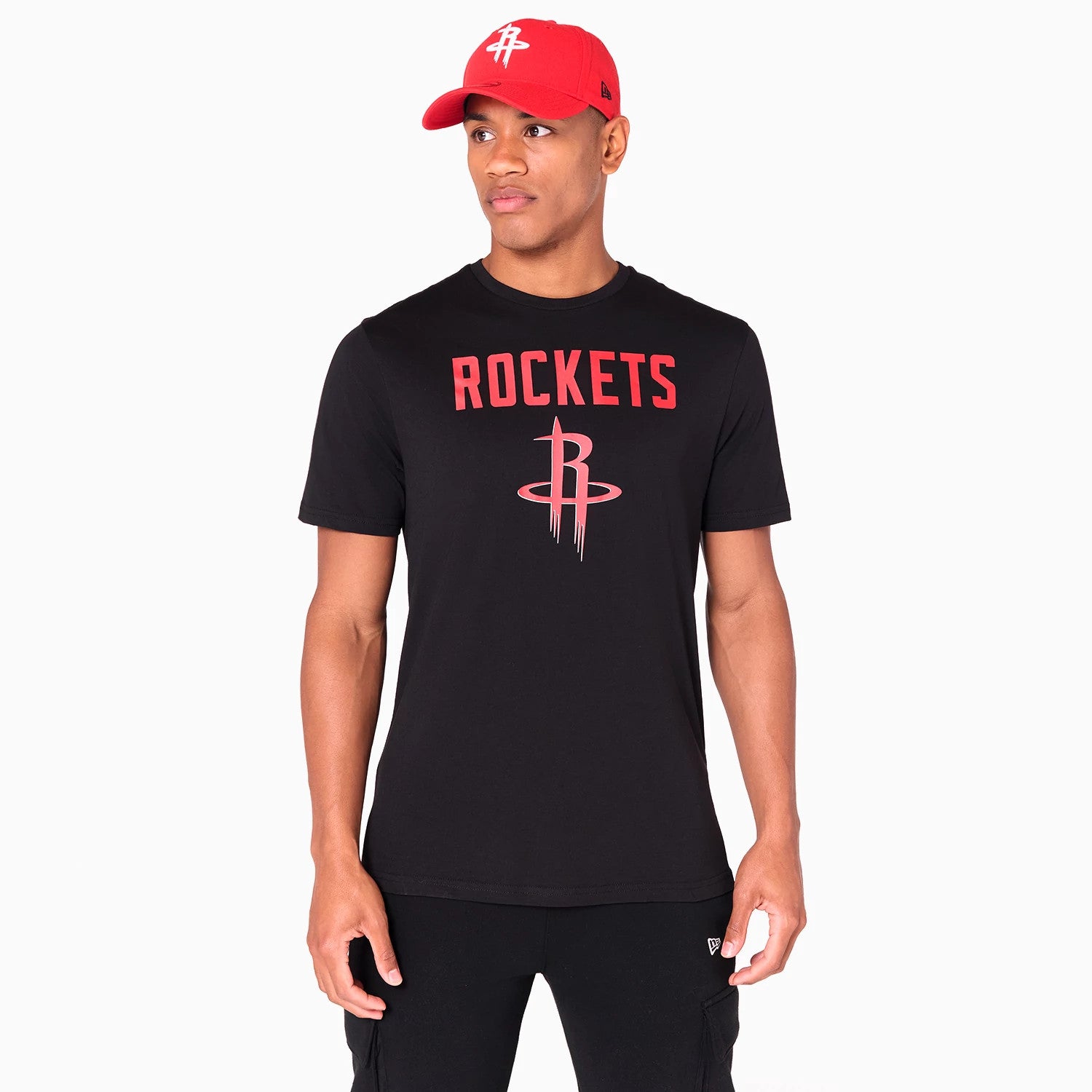 The Male model is wearing Houston Rockets NBA Black T-Shirt 1