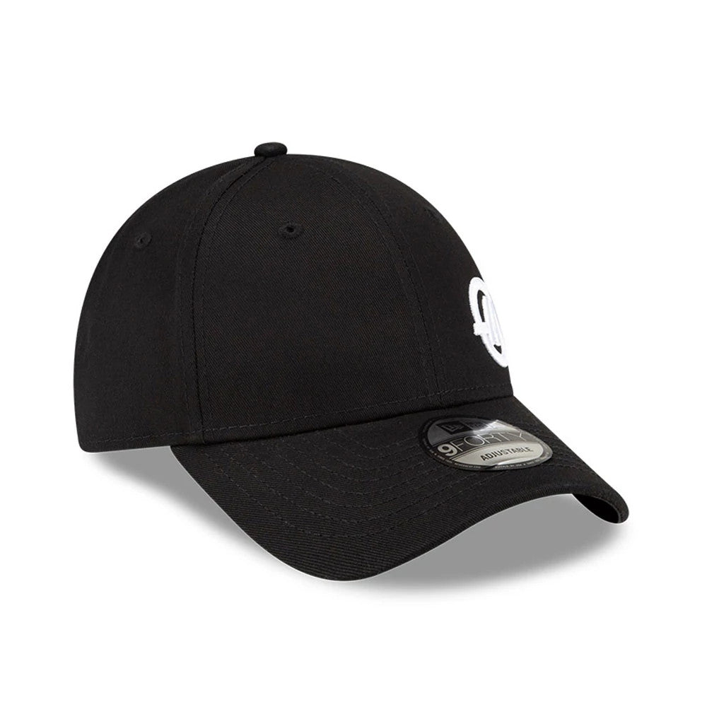 TGR Haas F1 Team Flawless Black New Era 9FORTY Adjustable Cap, three-quarter view showing a raised white embroidered Haas logo on the front panel and a rounded black visor with a 9FORTY size sticker.