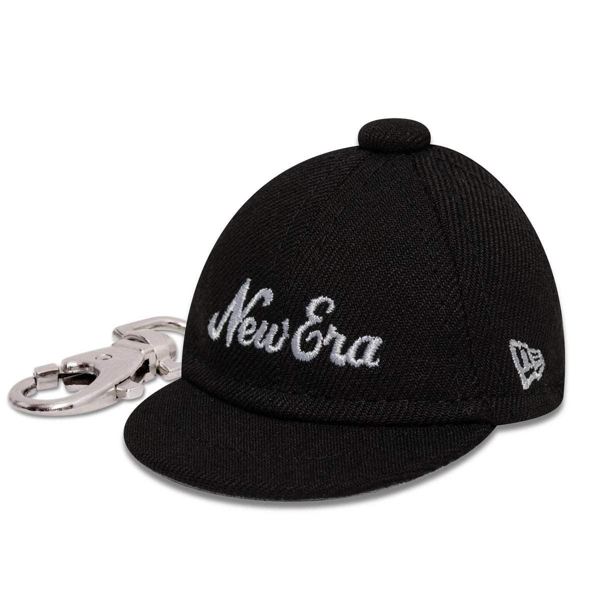 New Era New Era Mini Cap Black Key Chain, front view showing the white New Era script logo embroidered on the front panels, paired with a silver keychain attachment on the black mini cap.