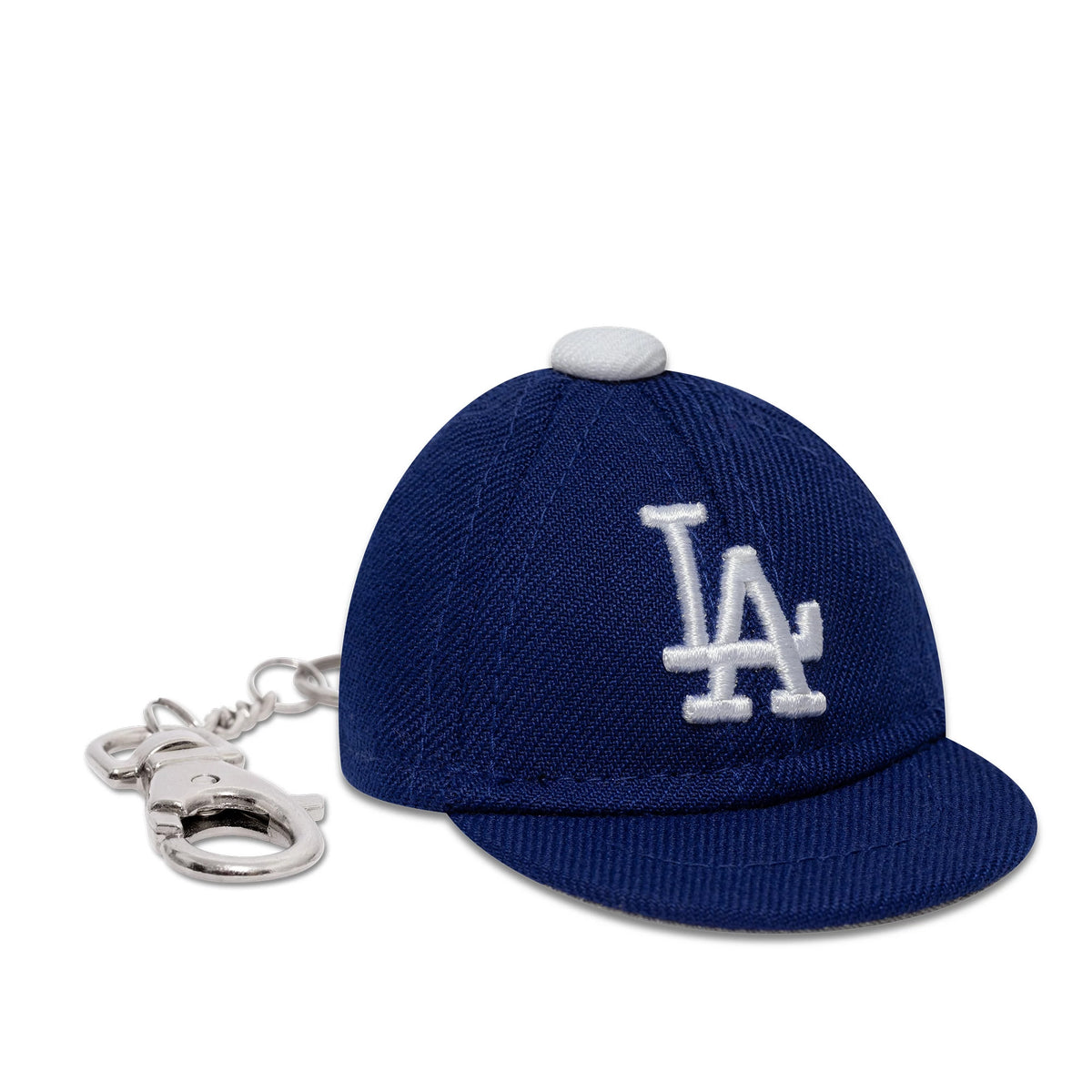 New Era LA Dodgers MLB Mini Cap Dark Blue Key Chain, front view showing the white raised embroidered LA logo on the dark blue crown, with a white top button and silver split ring and lobster clasp attached.