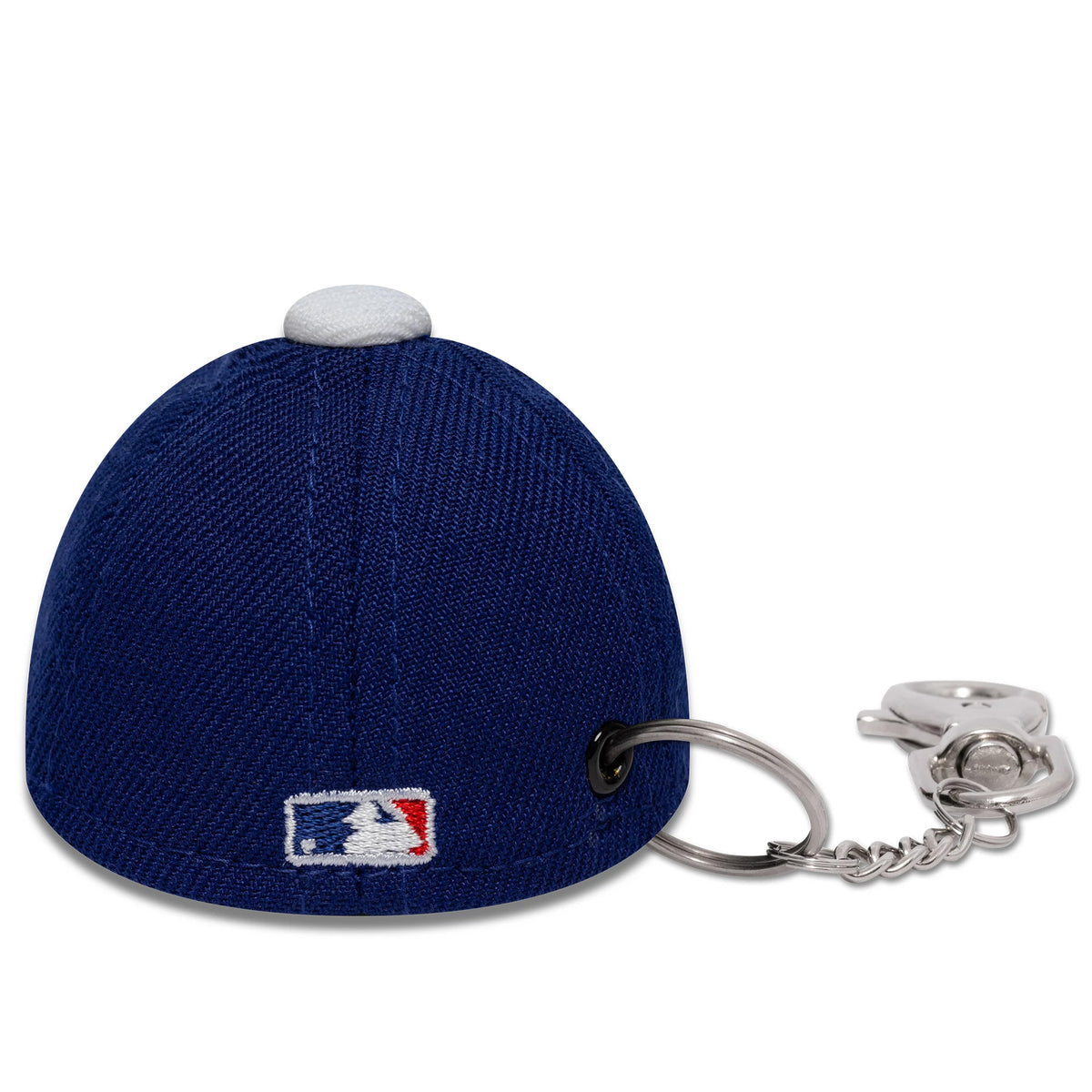 New Era LA Dodgers MLB Mini Cap Dark Blue Key Chain, rear view showing the embroidered MLB Batterman logo centred at the back of the mini dark blue crown, with a key ring loop on the right side and a white top button.
