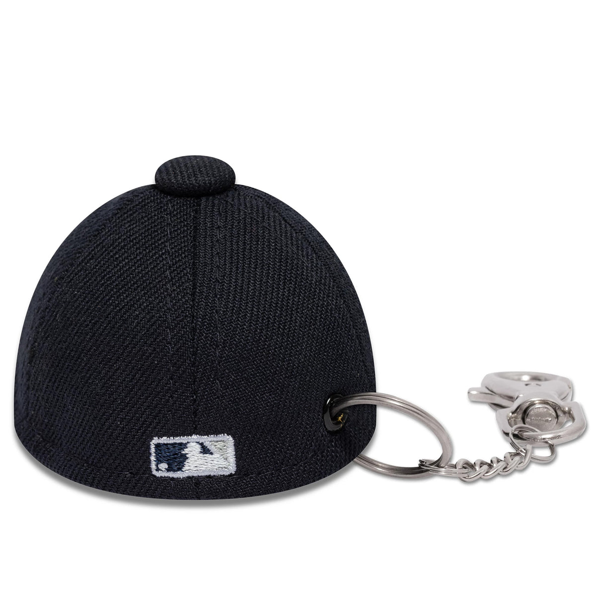New Era New York Yankees MLB Mini Cap Navy Key Chain, rear view showing the embroidered MLB Batterman logo in white and navy on the small structured crown, with a silver key ring and clasp attached beside the left panel.