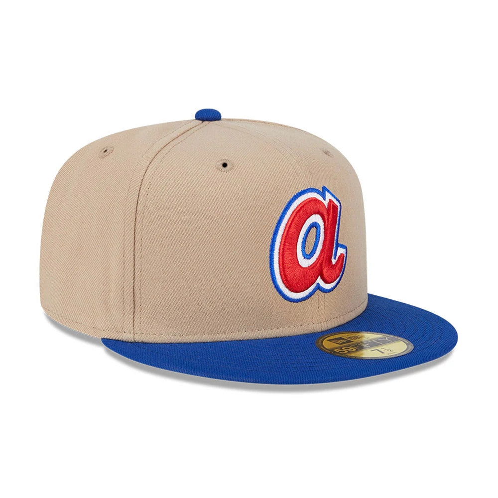 Atlanta Braves MLB Evergreen Light Beige New Era 59FIFTY Fitted Cap, front view showing a raised red and white a logo on the front panel, a contrasting blue visor, and a gold 59FIFTY size sticker on the visor.