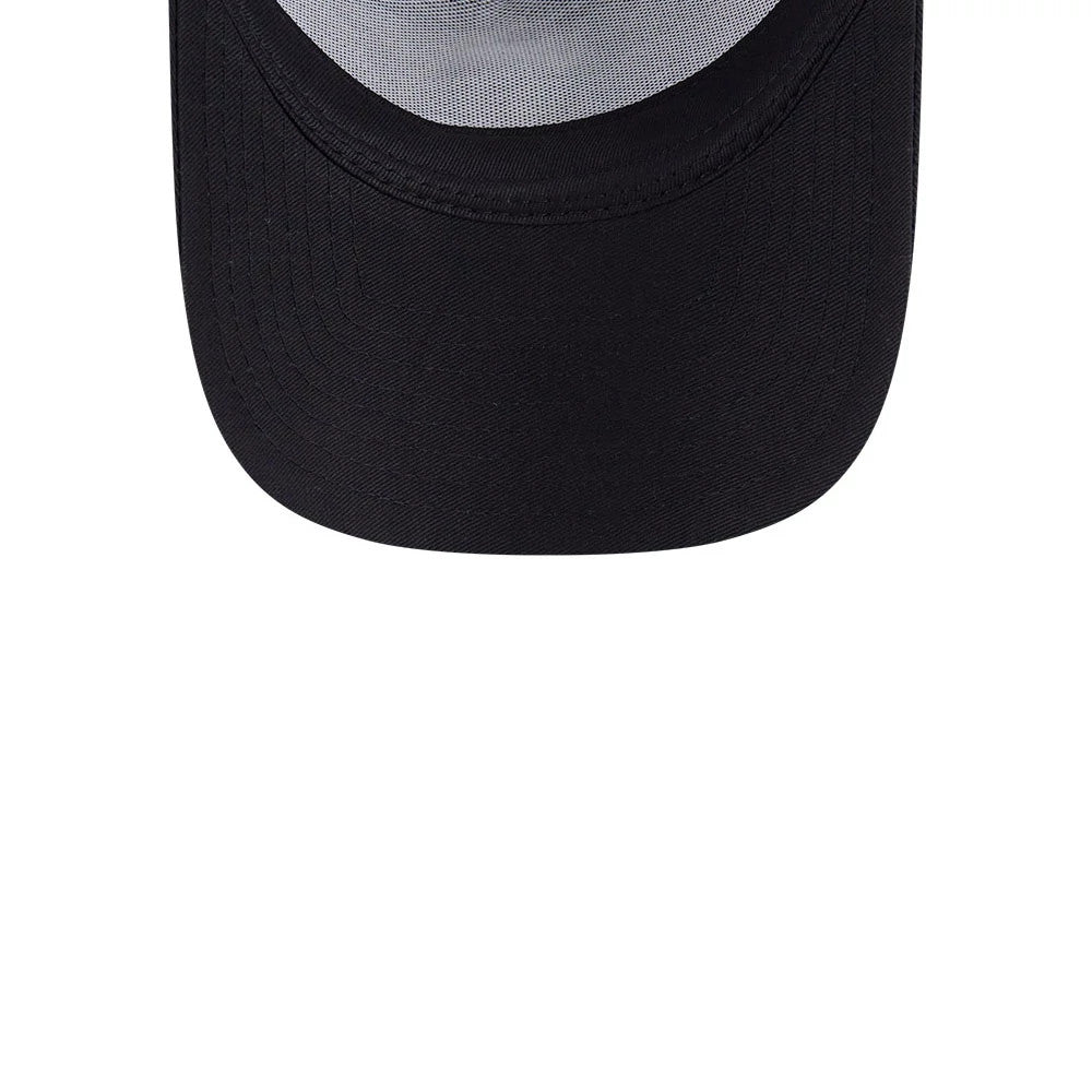 Chicago White Sox MLB Evergreen Black New Era 9FORTY A-Frame Adjustable Cap, inside view showing black taping across the crown and the curved black undervisor beneath the A-frame structure.
