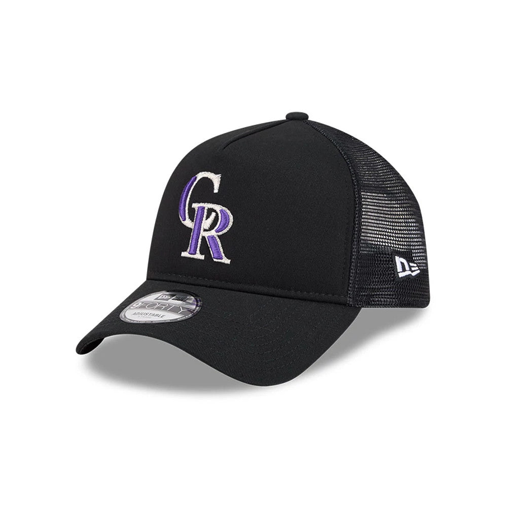 Colorado Rockies MLB Evergreen Black New Era 9FORTY A-Frame Adjustable Cap, three-quarter view showing a raised purple and white CR logo embroidered on the front panel, with a 9FORTY size sticker on the curved black visor and mesh sides.