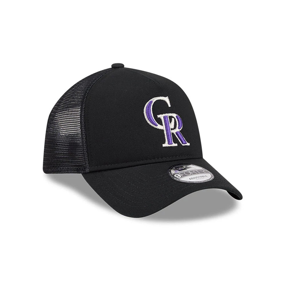 Colorado Rockies MLB Evergreen Black New Era 9FORTY A-Frame Adjustable Cap, three-quarter view showing the purple and white embroidered CR logo on the front panel, black mesh side panels and 9FORTY size sticker on the curved black visor.