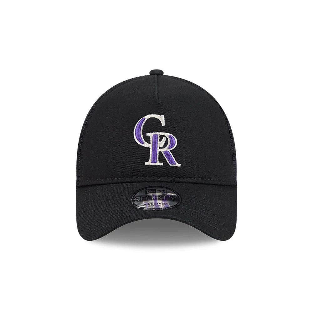 Pictured is this MLB Evergreen Colorado Rockies 9FORTY A-Frame cap in black. 2