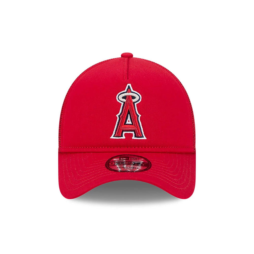 LA Angels MLB Evergreen Red New Era 9FORTY A-Frame Adjustable Cap, front view showing the embroidered red and white A logo on the centre front panel, with a 9FORTY size sticker on the curved red visor.