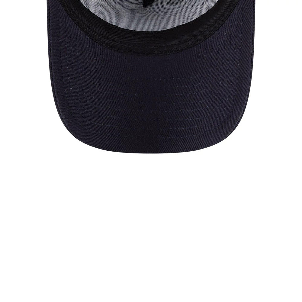Seattle Mariners MLB Evergreen Navy New Era 9FORTY A-Frame Adjustable Cap, inside view showing the grey undervisor and black sweatband across the curved navy visor, contrasting with the structured interior lining.