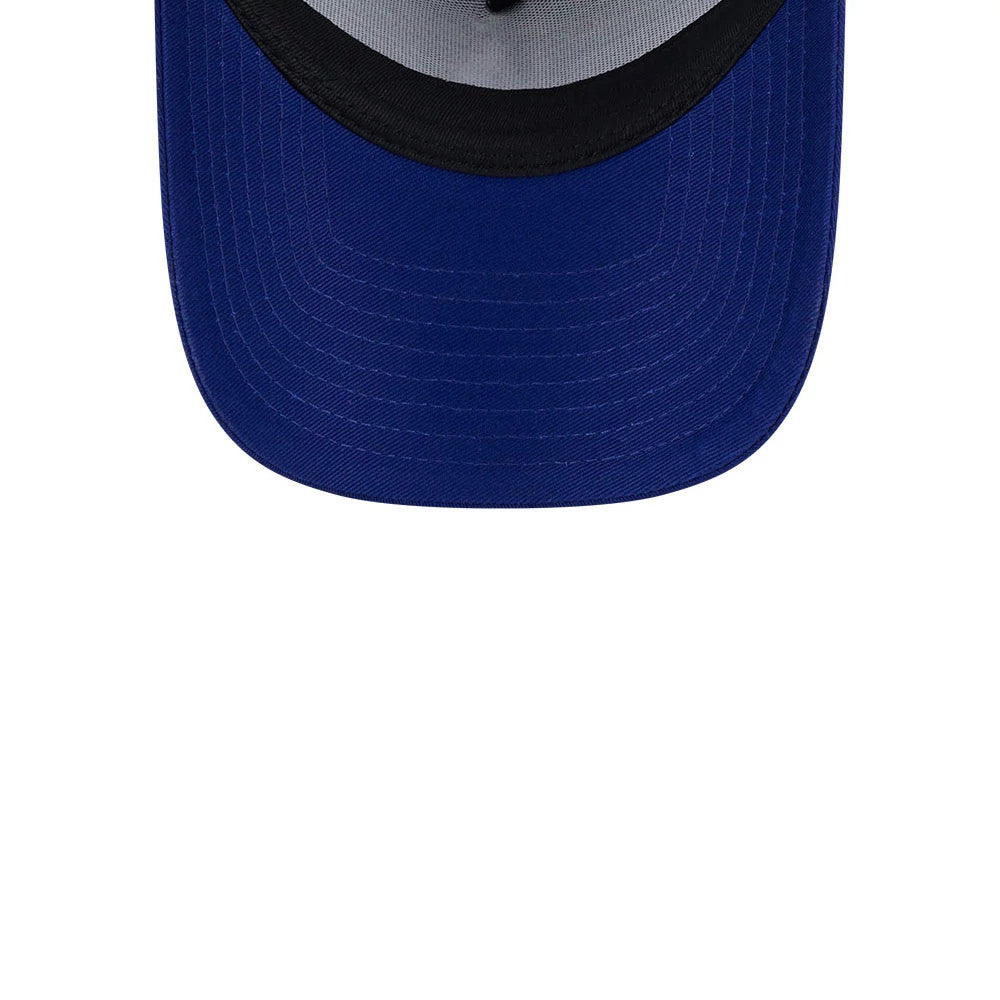LA Dodgers MLB Evergreen Dark Blue New Era 9FORTY A-Frame Adjustable Cap, inside view showing the grey sweatband, black taping along the seams, and a dark blue underside of the visor.
