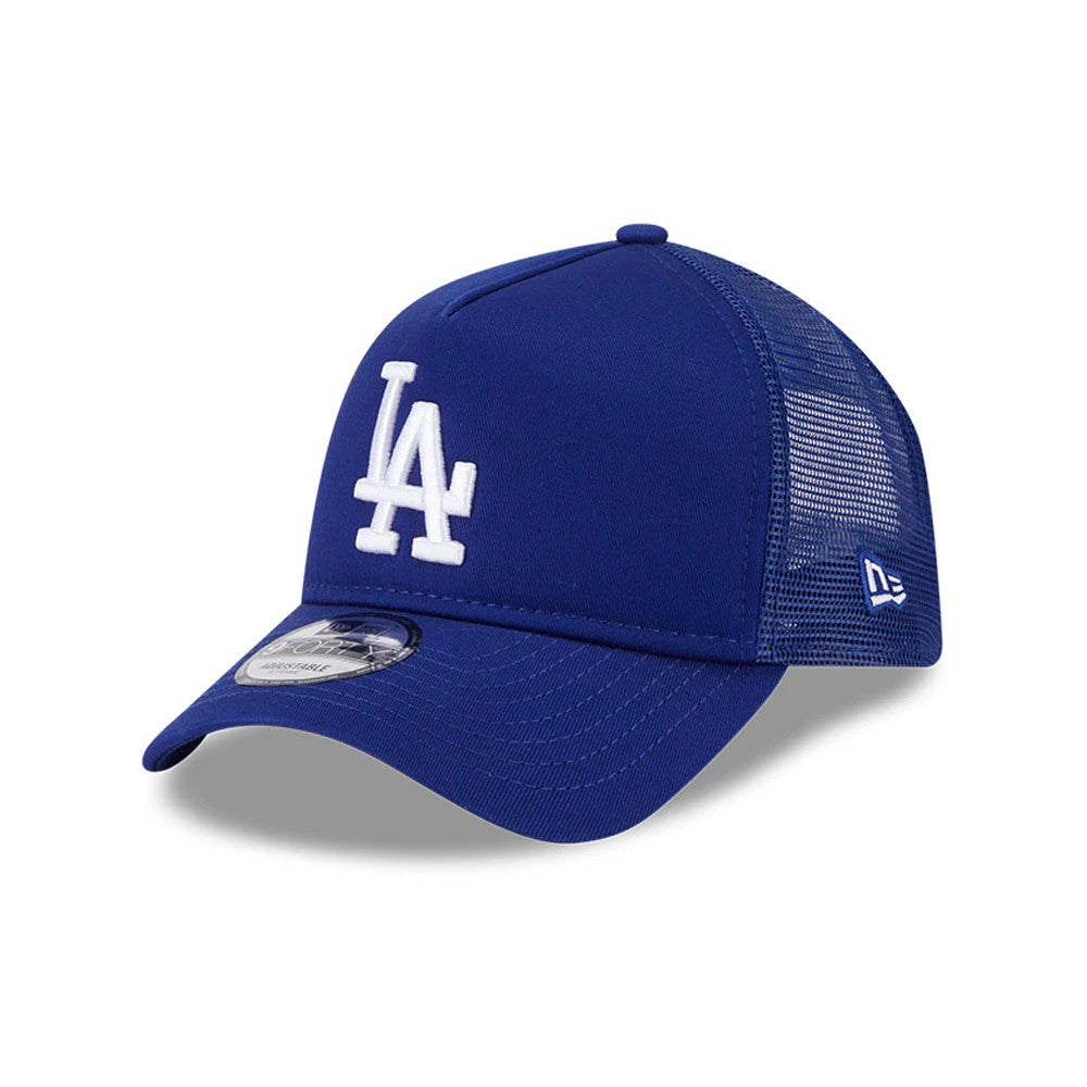 LA Dodgers MLB Evergreen Dark Blue New Era 9FORTY A-Frame Adjustable Cap, three-quarter view showing the white embroidered LA logo on the front panel, curved visor with 9FORTY size sticker, and New Era flag logo on the mesh side.