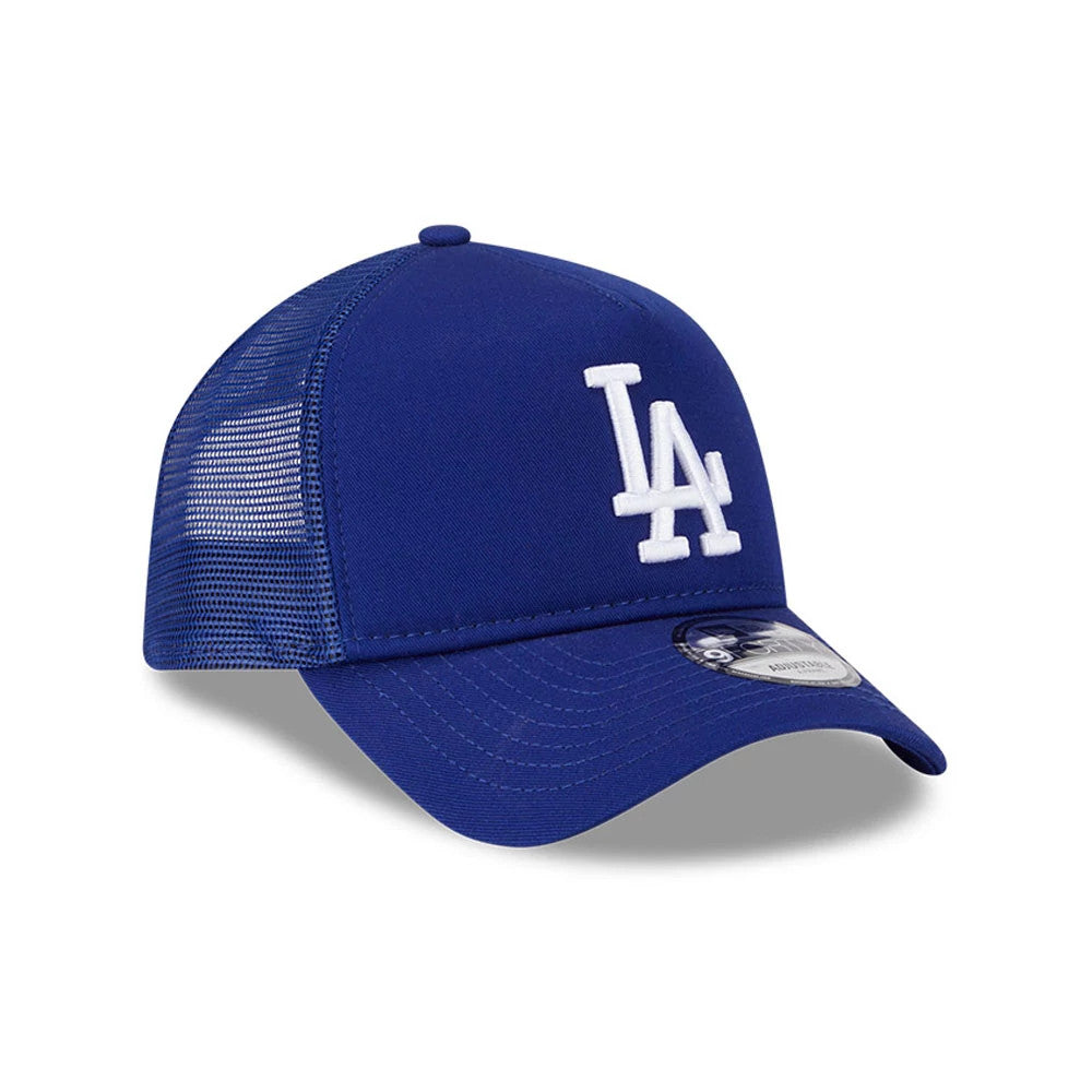 LA Dodgers MLB Evergreen Dark Blue New Era 9FORTY A-Frame Adjustable Cap, three-quarter view showing a white embroidered LA logo on the front panel, a curved visor with a 9FORTY size sticker, and mesh side panels.
