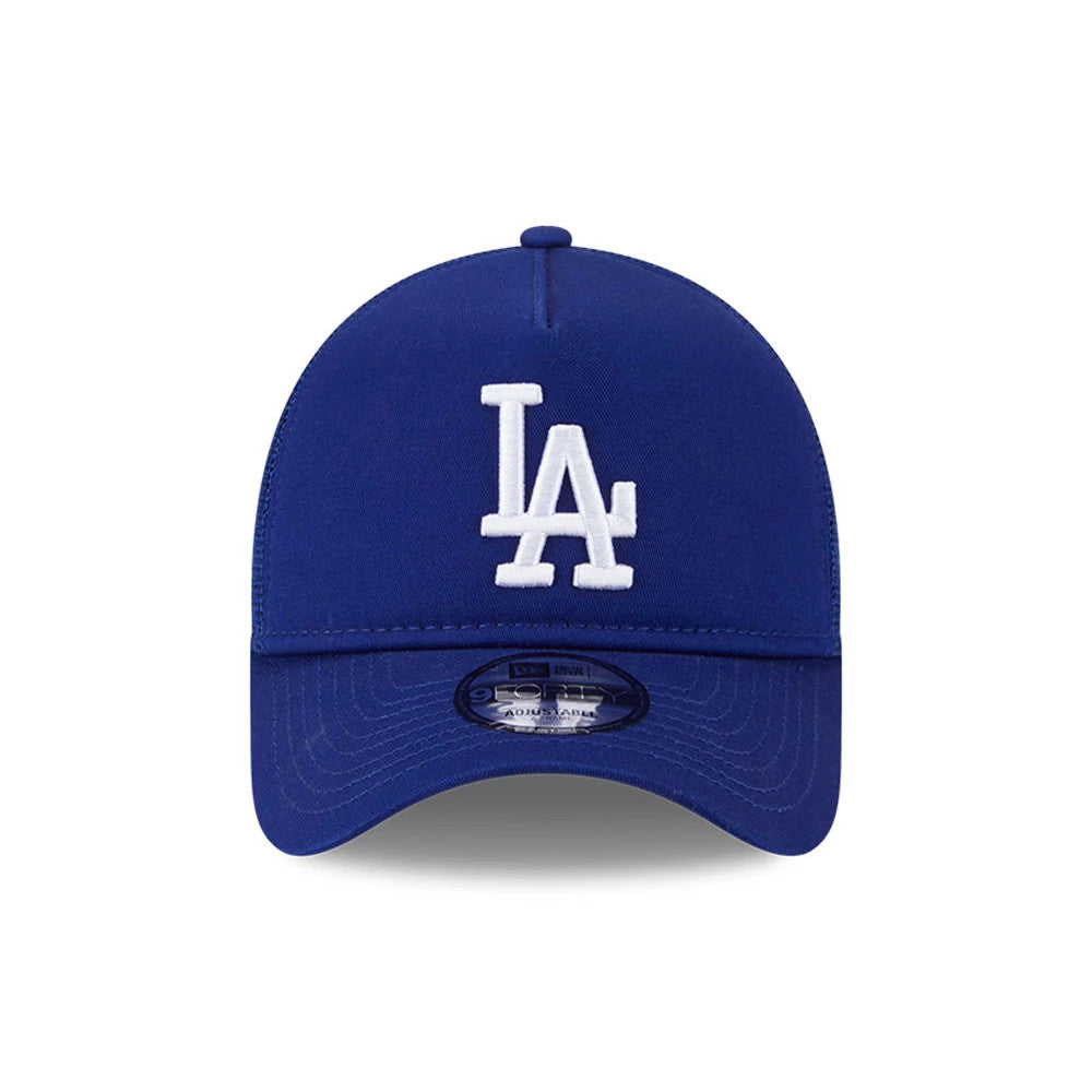 LA Dodgers MLB Evergreen Dark Blue New Era 9FORTY A-Frame Adjustable Cap, front view showing the white raised embroidered LA logo on the structured dark blue crown and a 9FORTY size sticker on the curved visor.