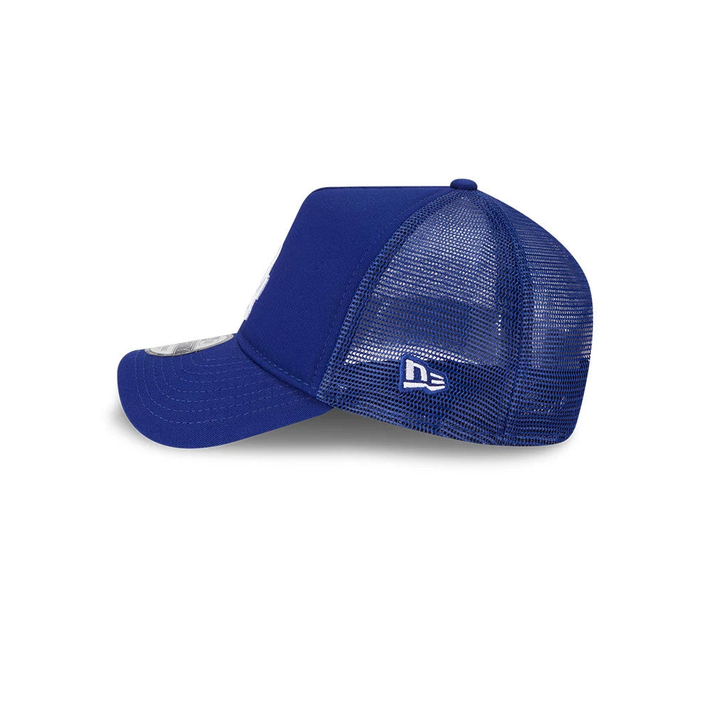 LA Dodgers MLB Evergreen Dark Blue New Era 9FORTY A-Frame Adjustable Cap, side view showing the white New Era flag logo on the mesh rear panels, with the structured dark blue crown and curved visor.