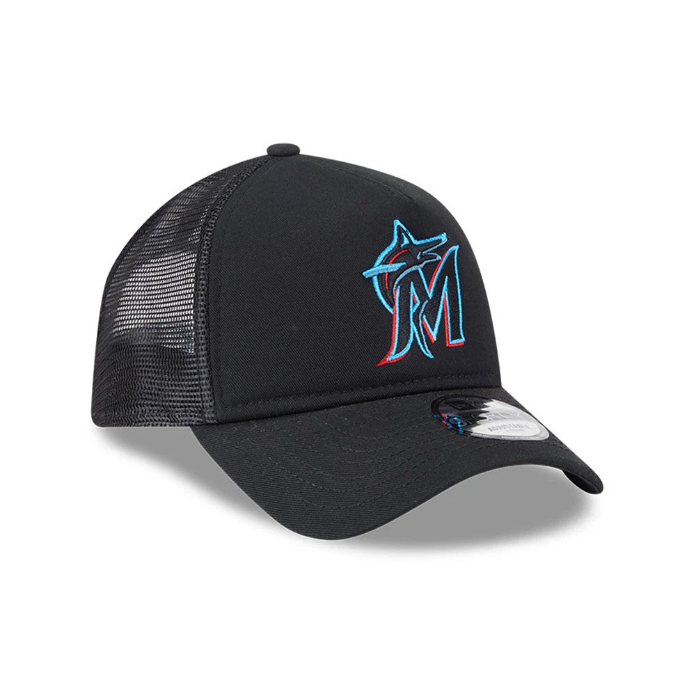 Miami Marlins MLB Evergreen Black New Era 9FORTY A-Frame Adjustable Cap, three-quarter view showing the teal and red embroidered Marlins logo on the front panel, with a curved visor and a 9FORTY size sticker.