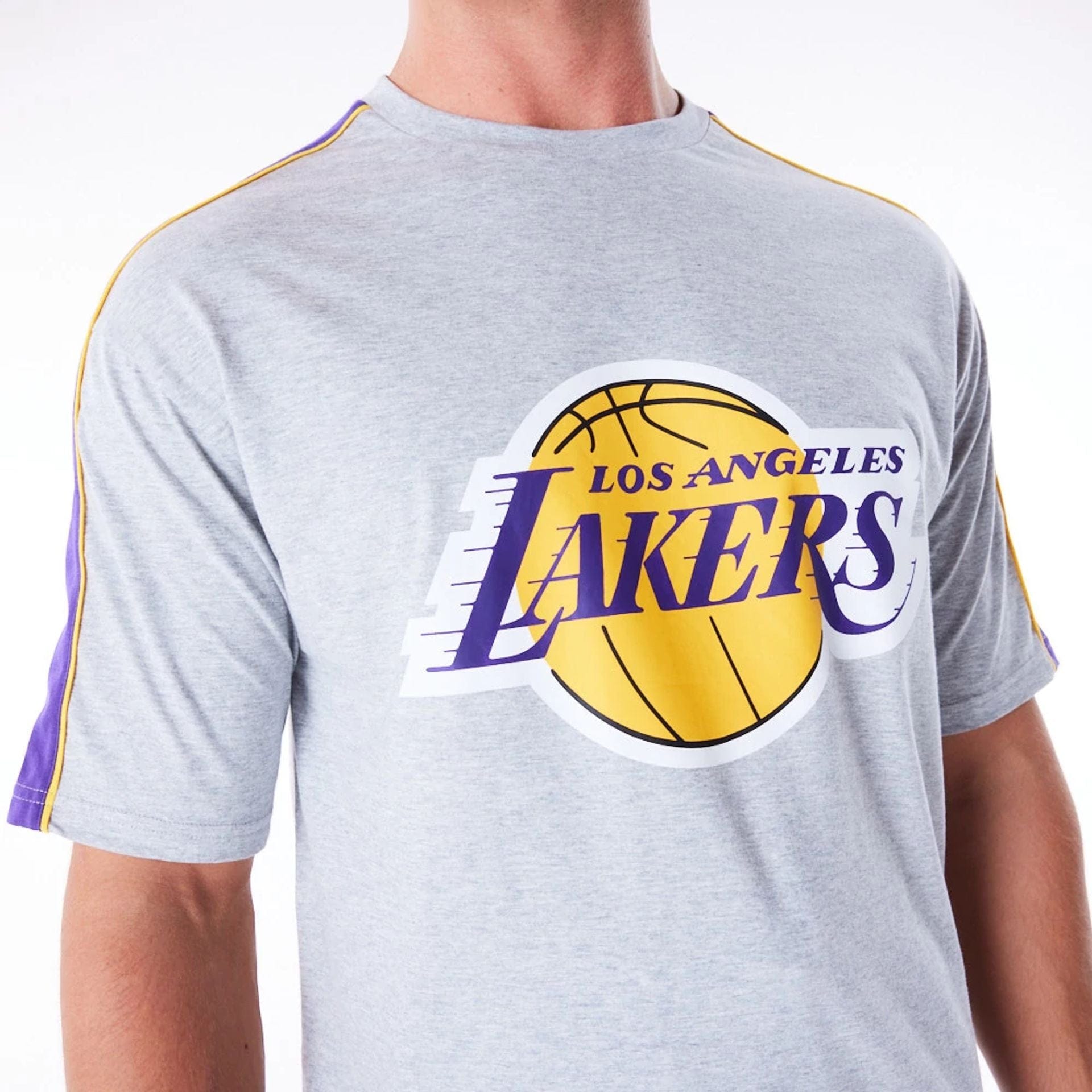 The Male model is wearing LA Lakers NBA Panel Grey Oversized T-Shirt 2
