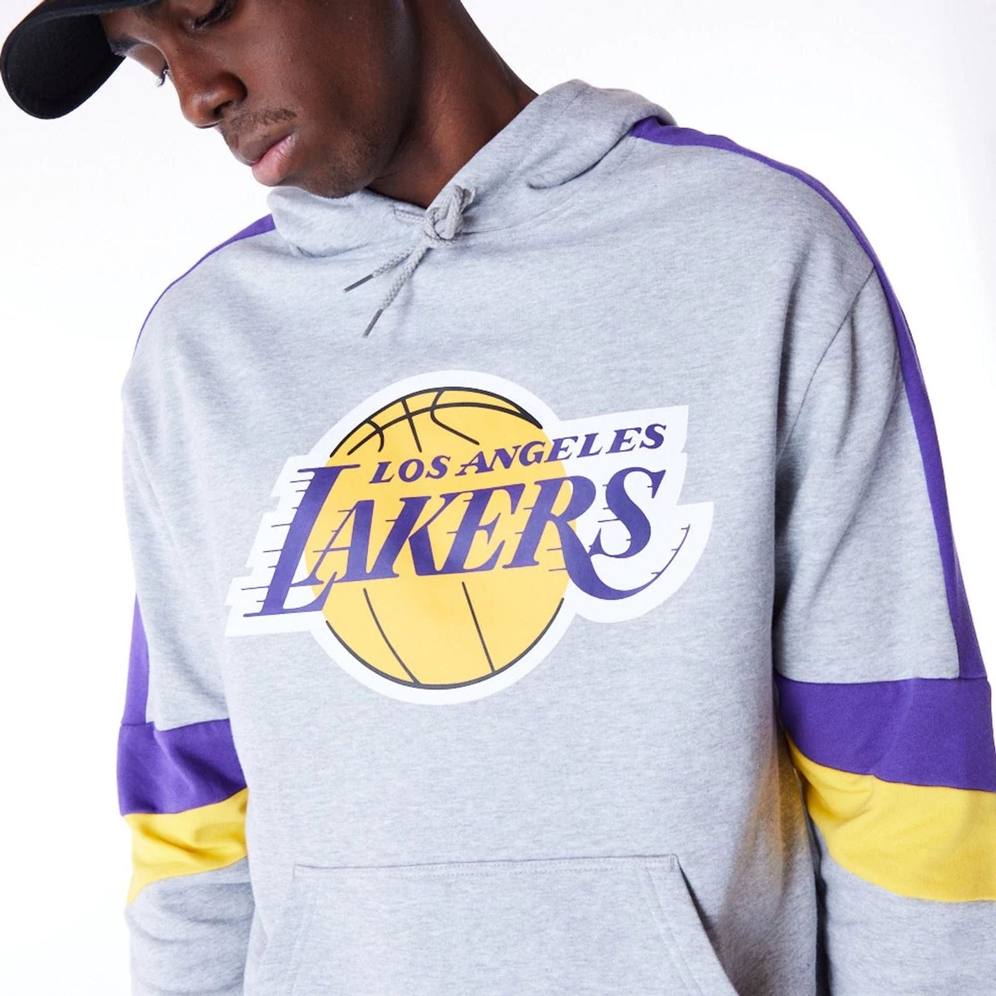 The Male model is wearing LA Lakers Colour Block Grey Pullover Hoodie 9