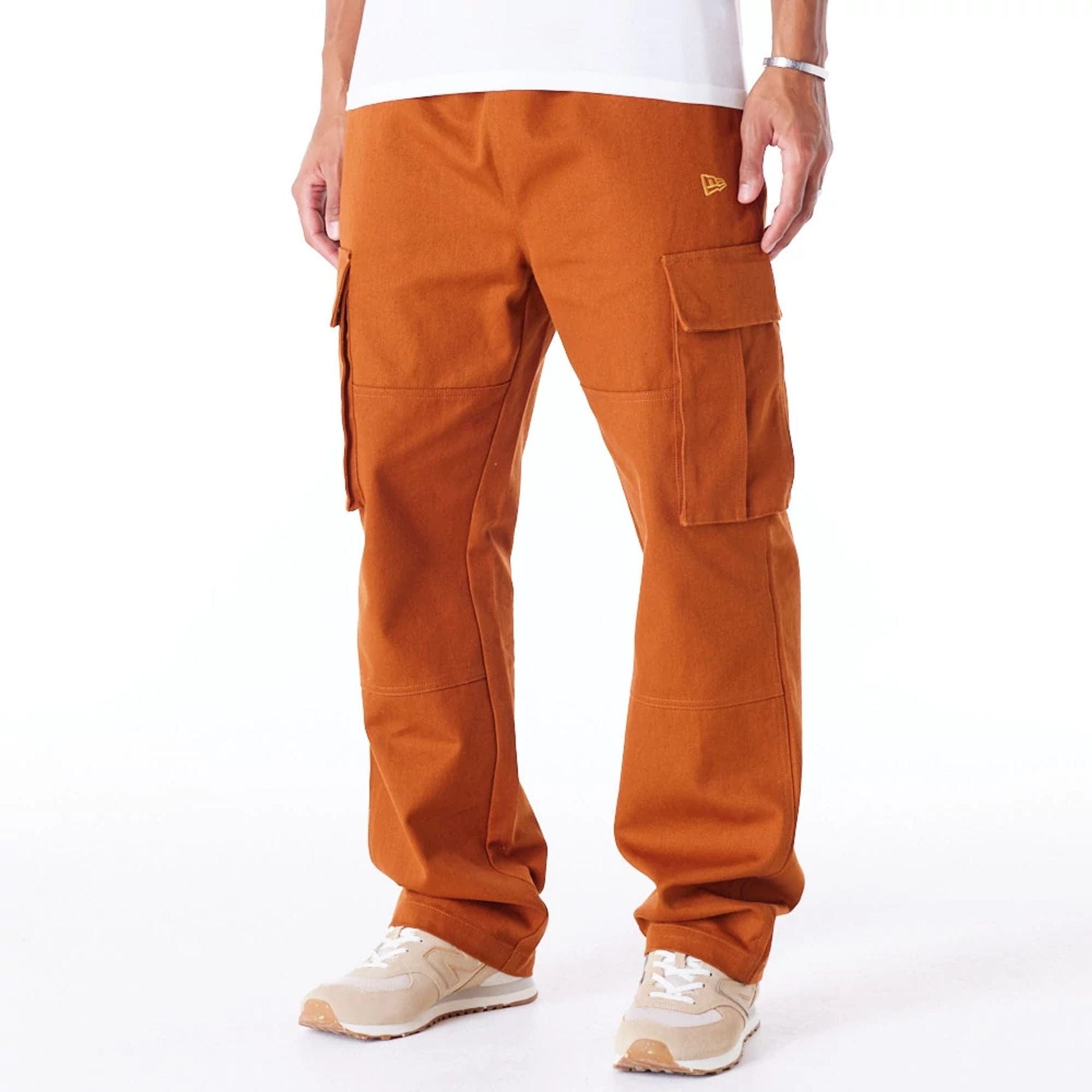 The Male model is wearing New Era Brown Cargo Trousers 1