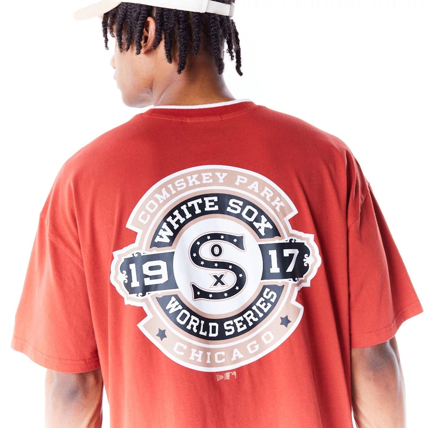 The Male model is wearing Chicago White Sox World Series Copper Drop Shoulder T-Shirt 9