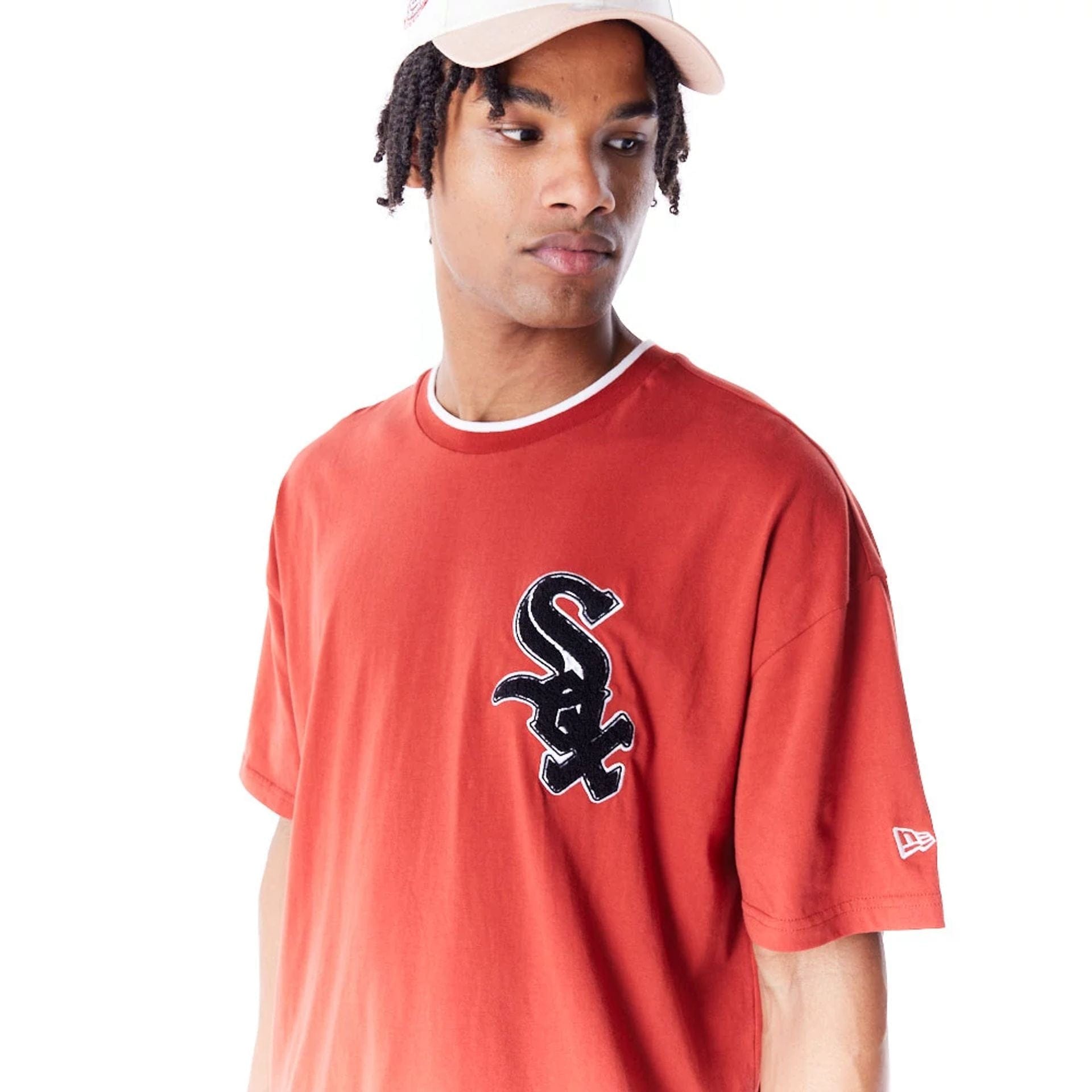 The Male model is wearing Chicago White Sox World Series Copper Drop Shoulder T-Shirt 2