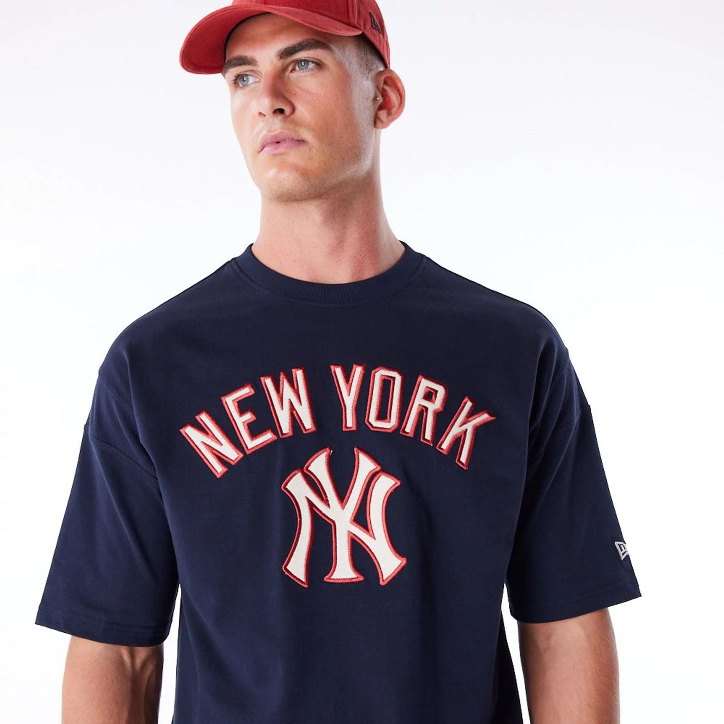 The Male model is wearing New York Yankees MLB Rib Infill Navy Oversized T-Shirt 5