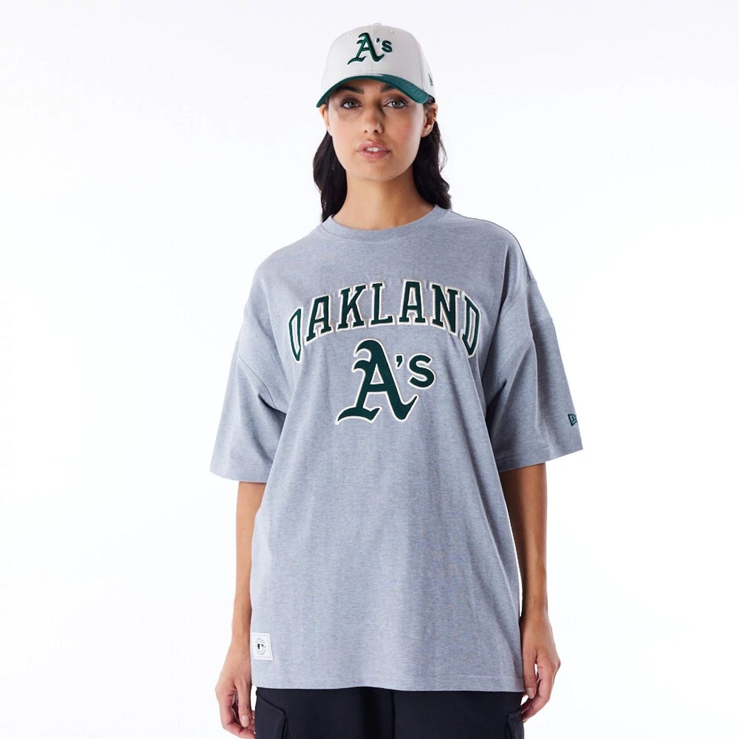 The Male model is wearing Oakland Athletics MLB Rib Infill Grey Oversized T-Shirt 8
