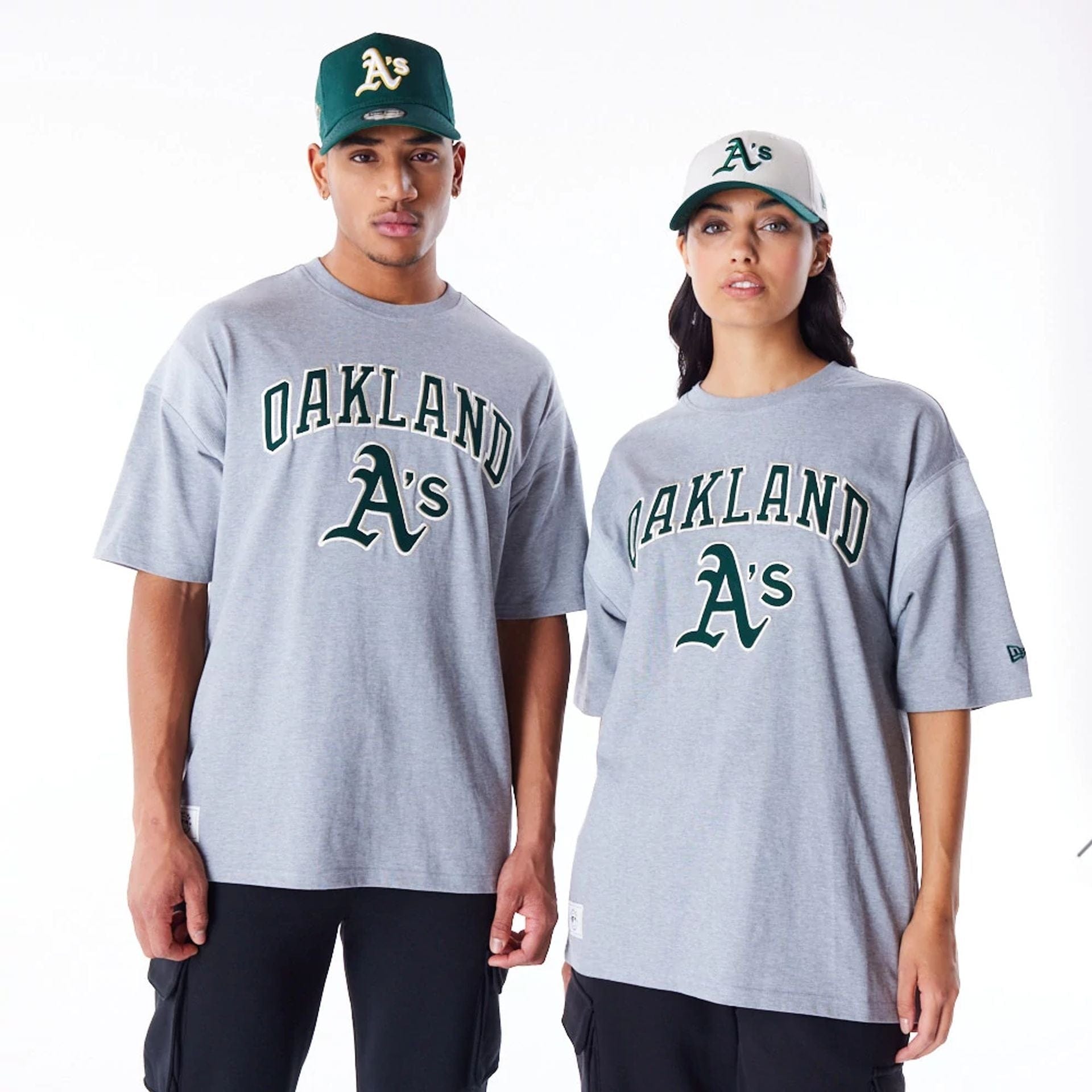 The Male model is wearing Oakland Athletics MLB Rib Infill Grey Oversized T-Shirt 1