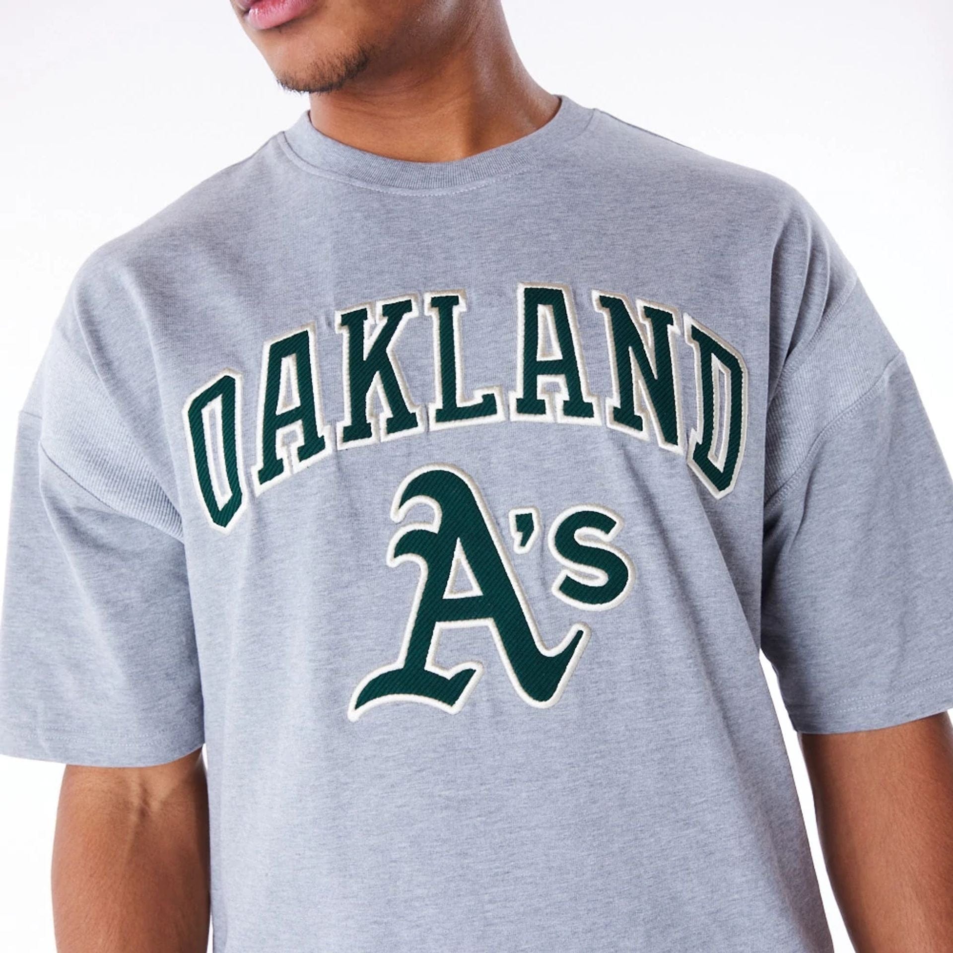 The Male model is wearing Oakland Athletics MLB Rib Infill Grey Oversized T-Shirt 2