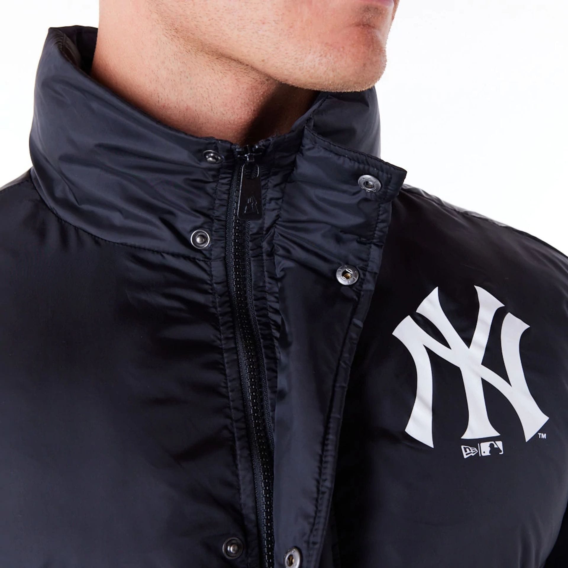The Male model is wearing New York Yankees MLB Black Nylon Puffer Jacket 2