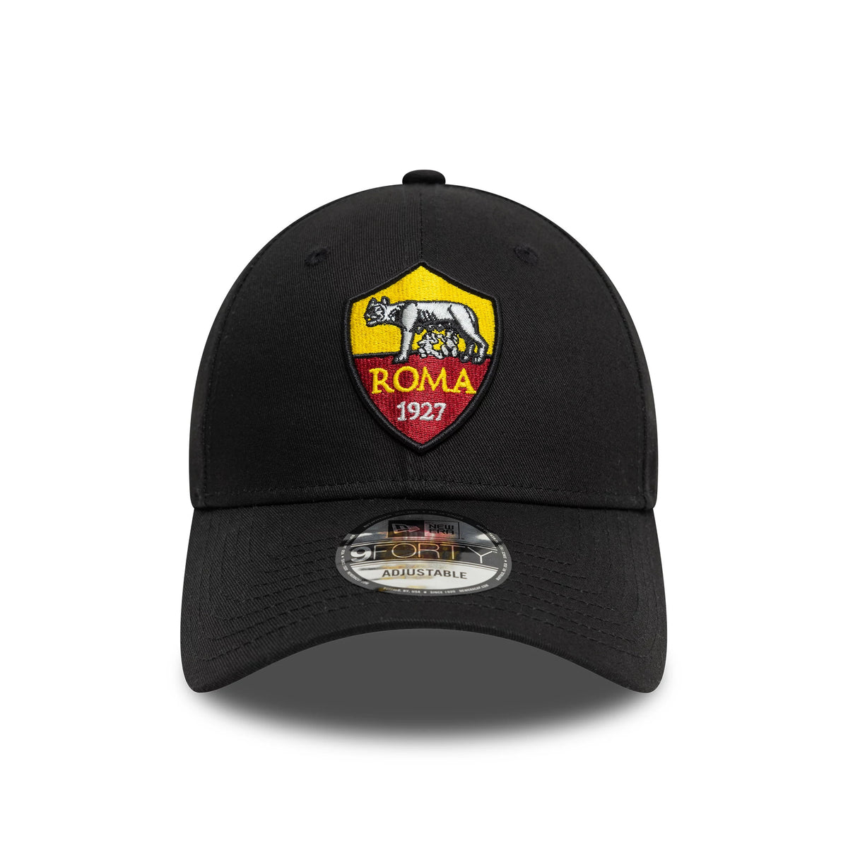 AS Roma Core Black New Era 9FORTY Adjustable Cap, front view showing the embroidered Roma shield logo in yellow, red, and white on the structured black crown with a 9FORTY size sticker on the black curved visor.