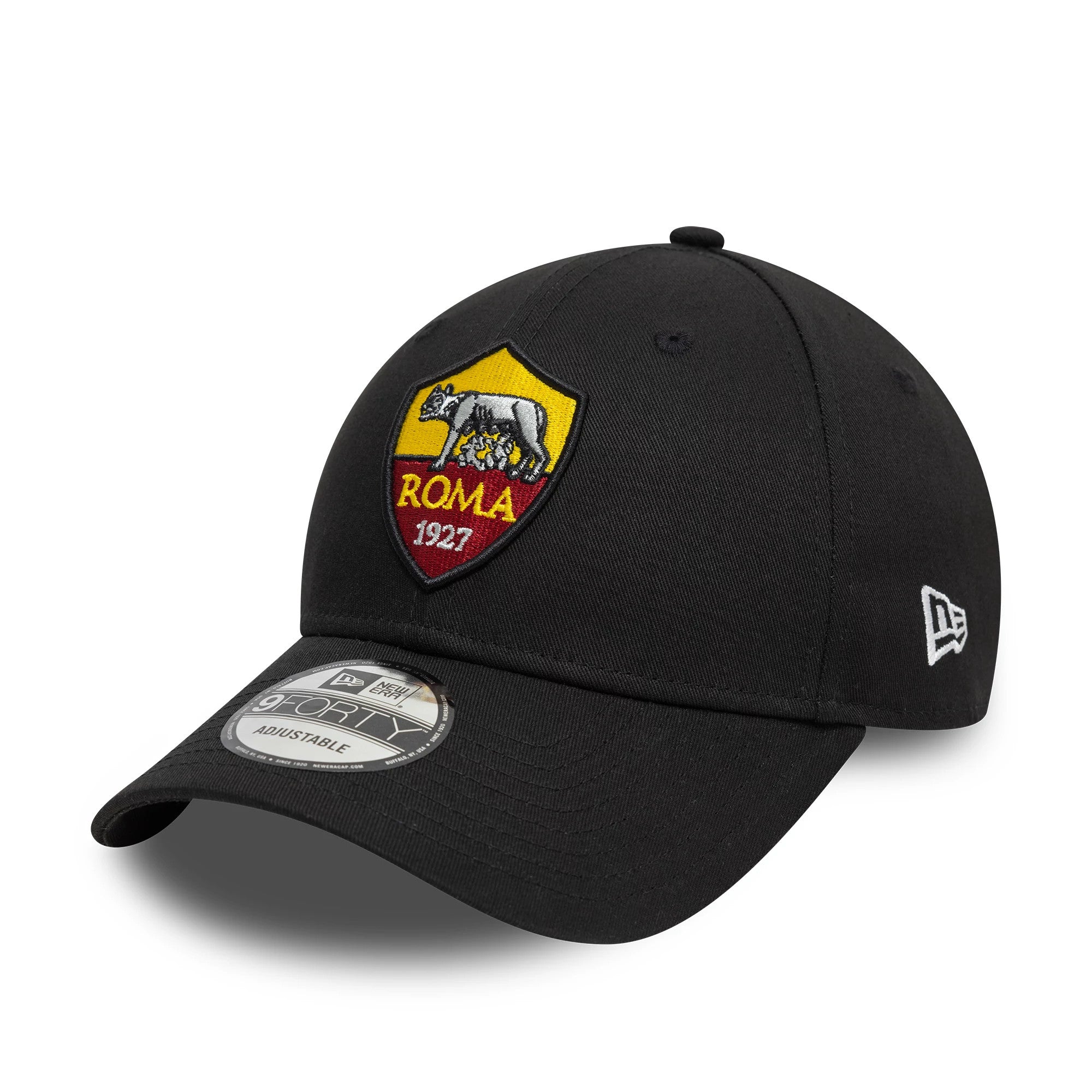 AS Roma Core Black New Era 9FORTY Adjustable Cap, three-quarter view showing the embroidered AS Roma logo on the front panel, the white New Era flag logo on the left side, curved visor and 9FORTY size sticker on the visor.