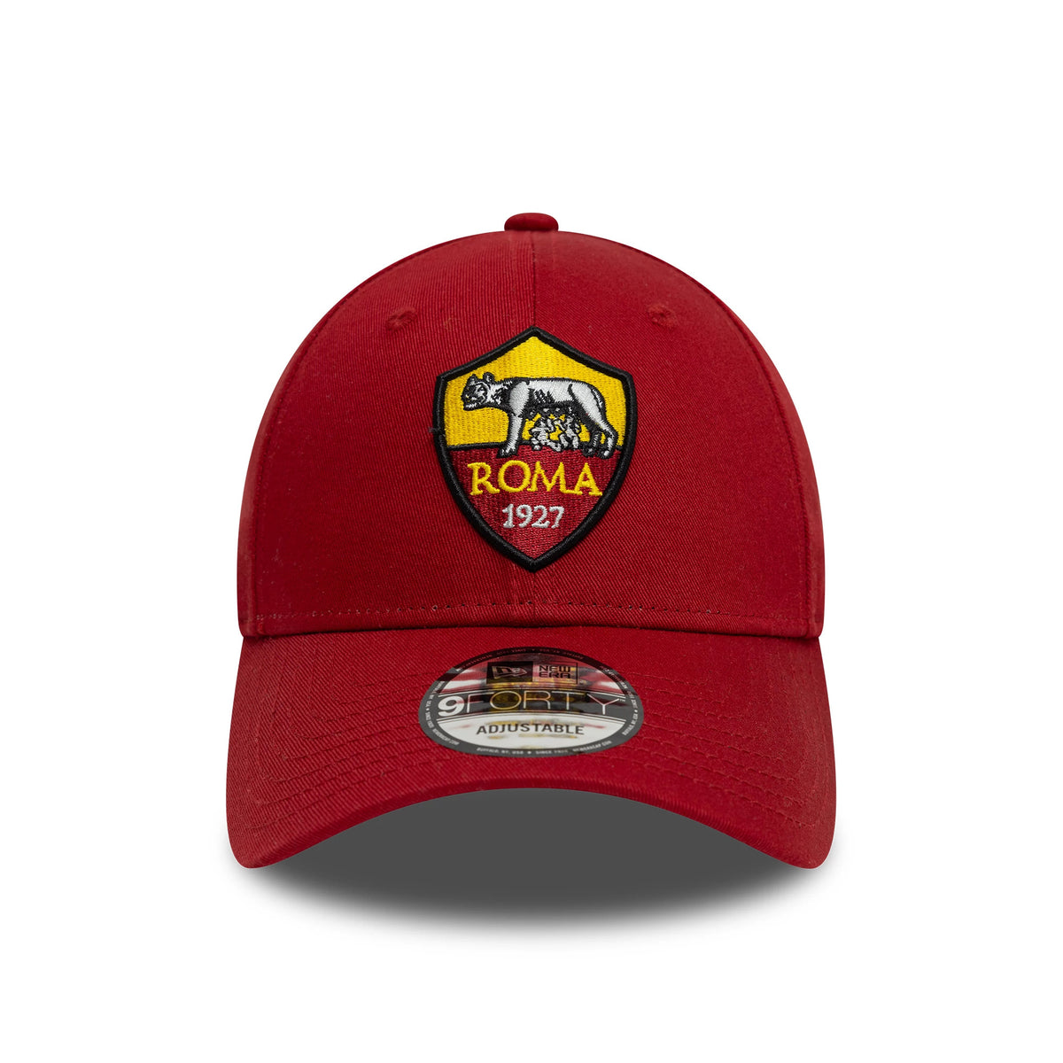 AS Roma Core Dark Red New Era 9FORTY Adjustable Cap, front view showing the raised yellow and white embroidered Roma crest on the front panel and the 9FORTY size sticker on the curved visor.