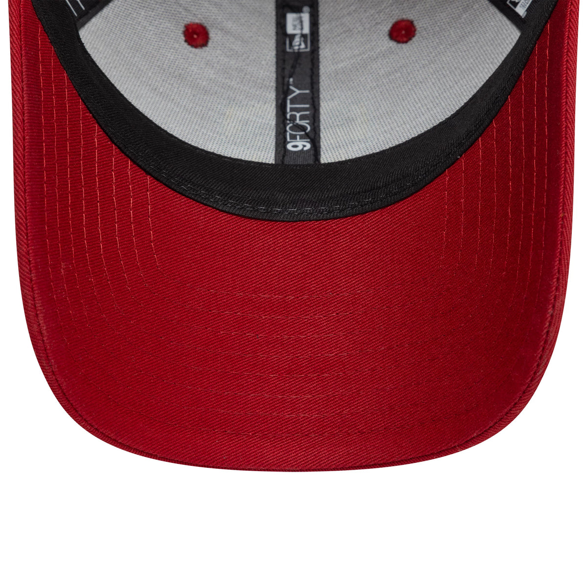 AS Roma Core Dark Red New Era 9FORTY Adjustable Cap, inside view showing black taping with white 9FORTY branding, a grey sweatband, and a black underside of the visor with red top button stitching.