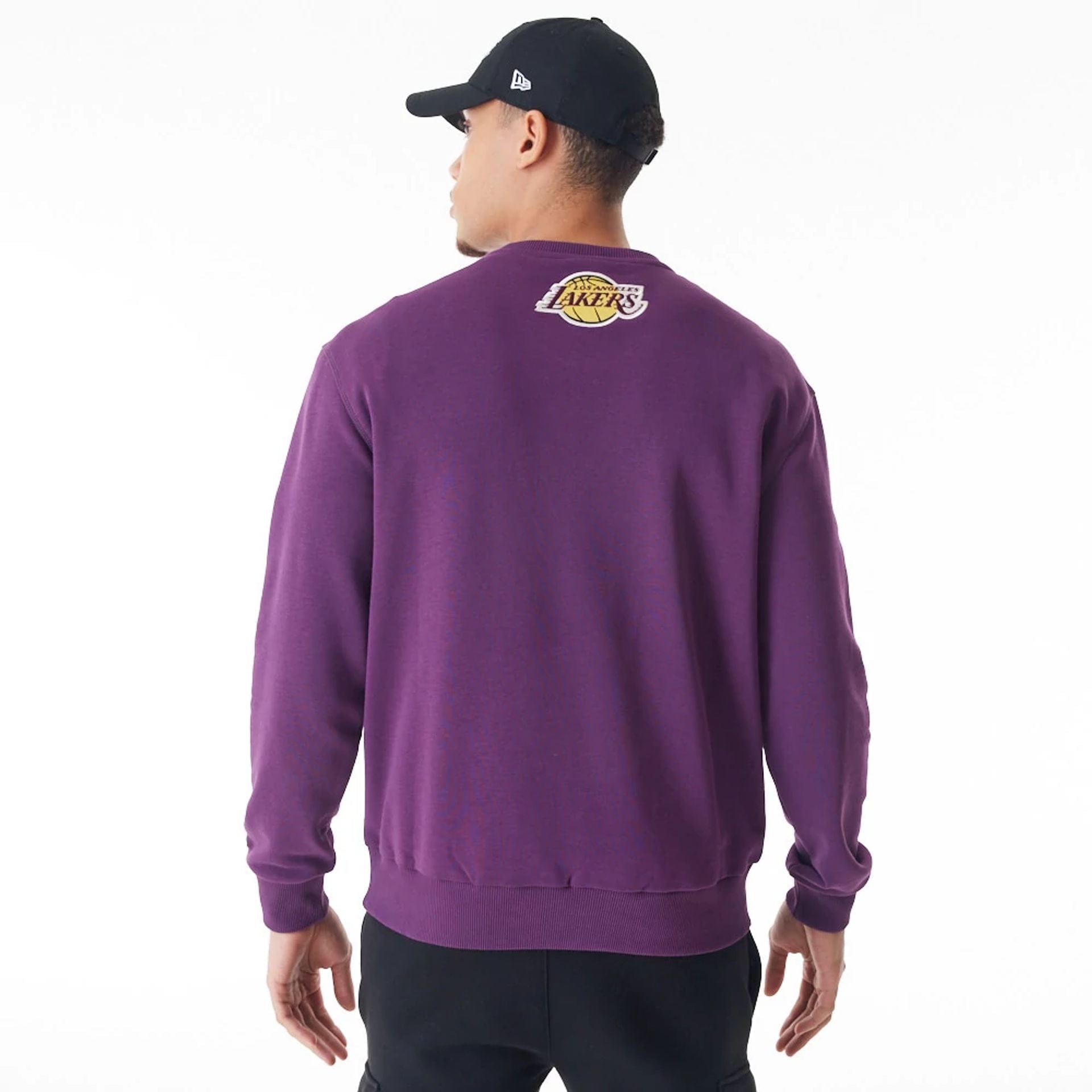 The Male model is wearing LA Lakers NBA Lifestyle Dark Purple Oversized Crew Neck Sweater 2