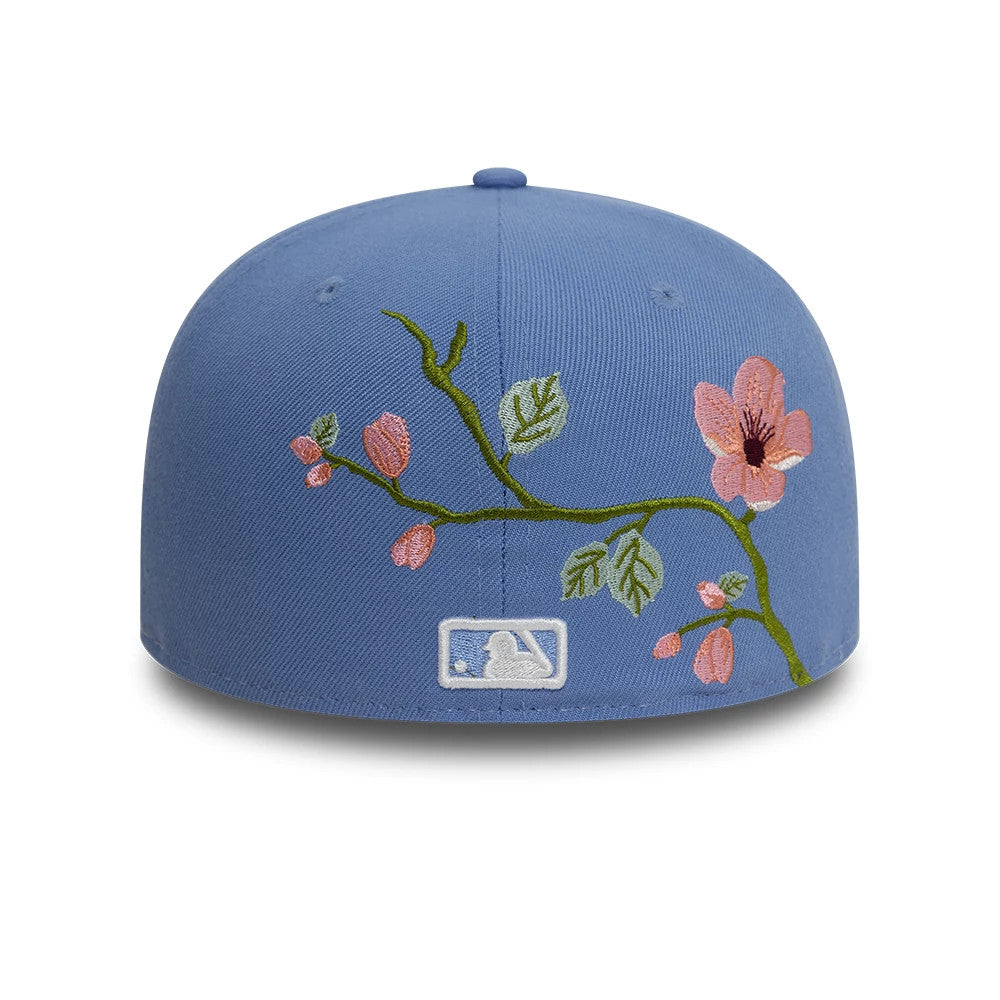LA Dodgers MLB Floral Blue New Era 59FIFTY Fitted Cap, rear view with embroidered pink floral design and a white MLB Batterman logo at the centre back of the blue structured crown.