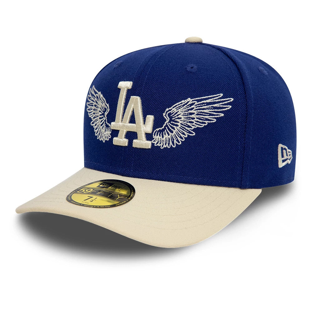 LA Dodgers MLB Team Wings Navy New Era 59FIFTY Fitted Cap, front view with cream embroidered LA logo and wings on the front panels, a cream visor with a gold 59FIFTY size sticker, and New Era flag logo on the left side.