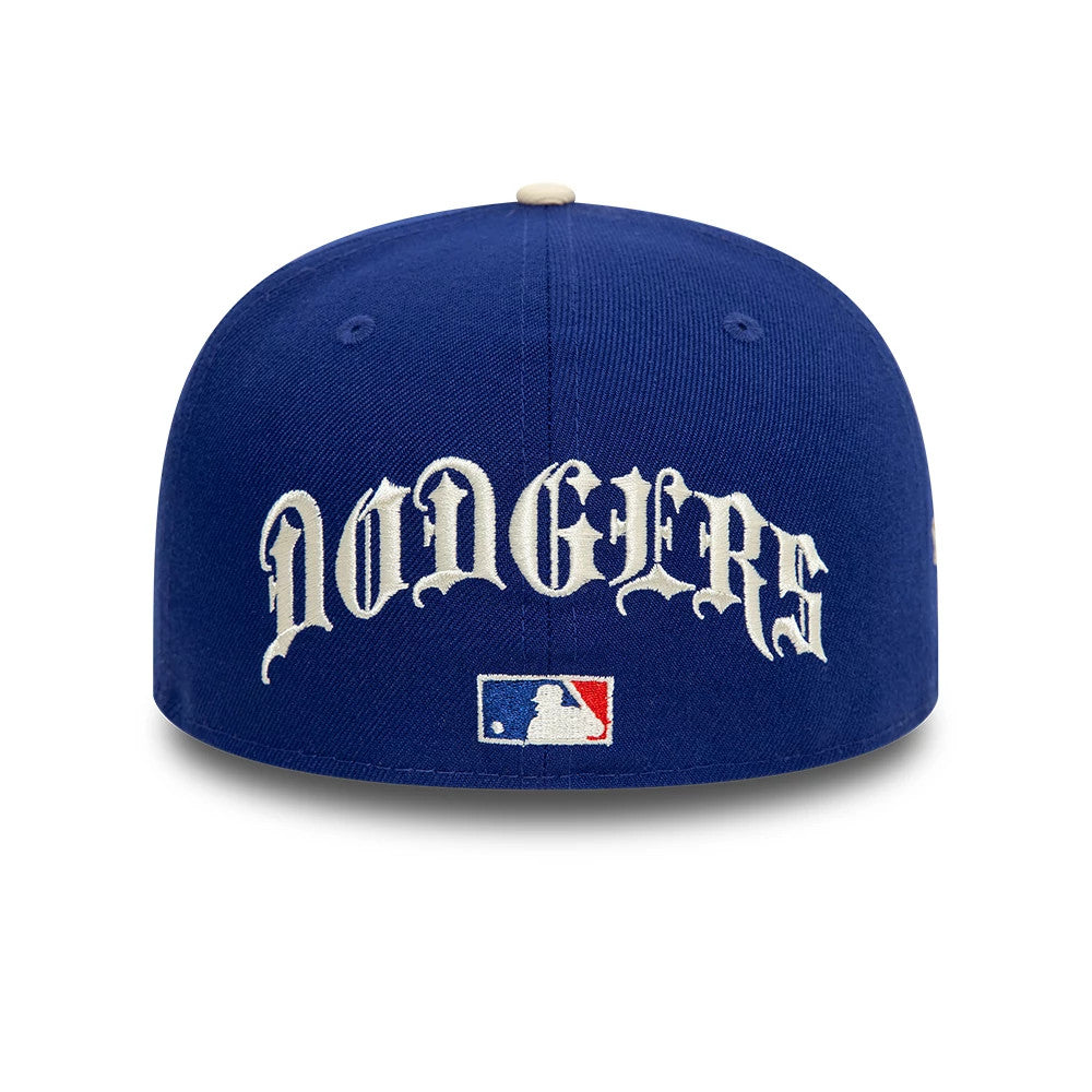 LA Dodgers MLB Team Wings Navy New Era 59FIFTY Fitted Cap, rear view showing white embroidered Dodgers lettering above the MLB Batterman logo at the centre back, with a structured navy crown and matching top button.