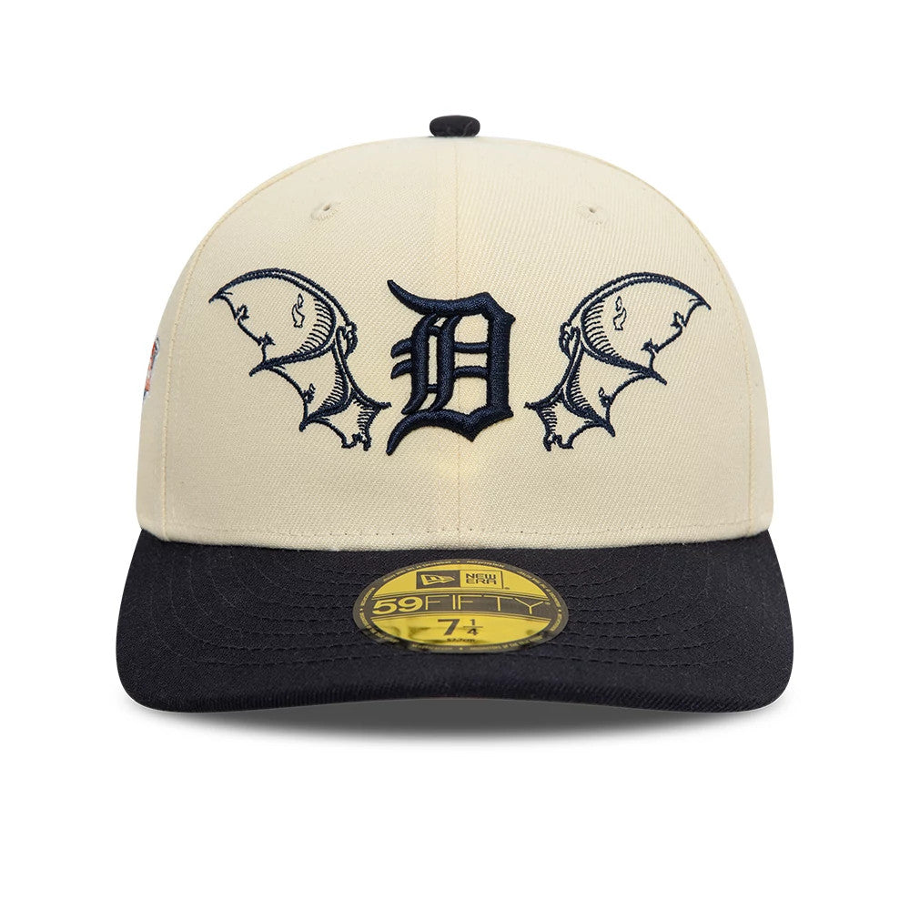 Detroit Tigers MLB Team Wings Light Beige New Era 59FIFTY Fitted Cap, front view showing the navy embroidered winged D logo on the structured light beige crown, black visor with gold 59FIFTY size sticker.