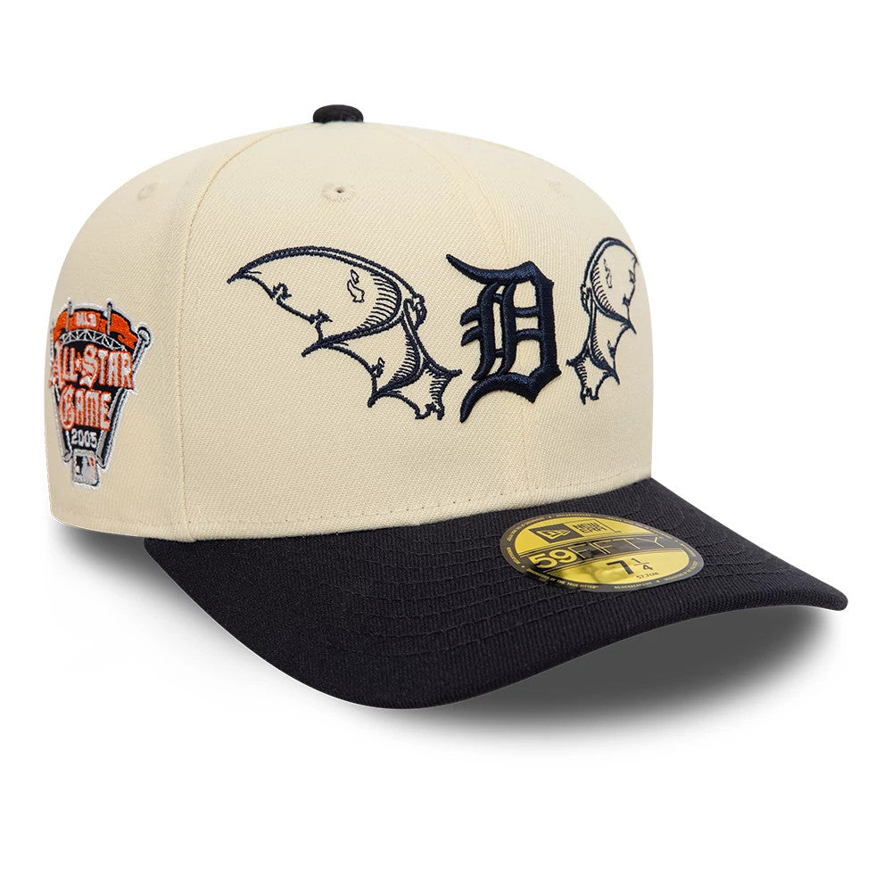 Detroit Tigers MLB Team Wings Light Beige New Era 59FIFTY Fitted Cap, front view showing the raised navy embroidered D logo with wings on the crown, a navy visor with a gold 59FIFTY size sticker, and the 2005 All-Star Game patch on the left side.