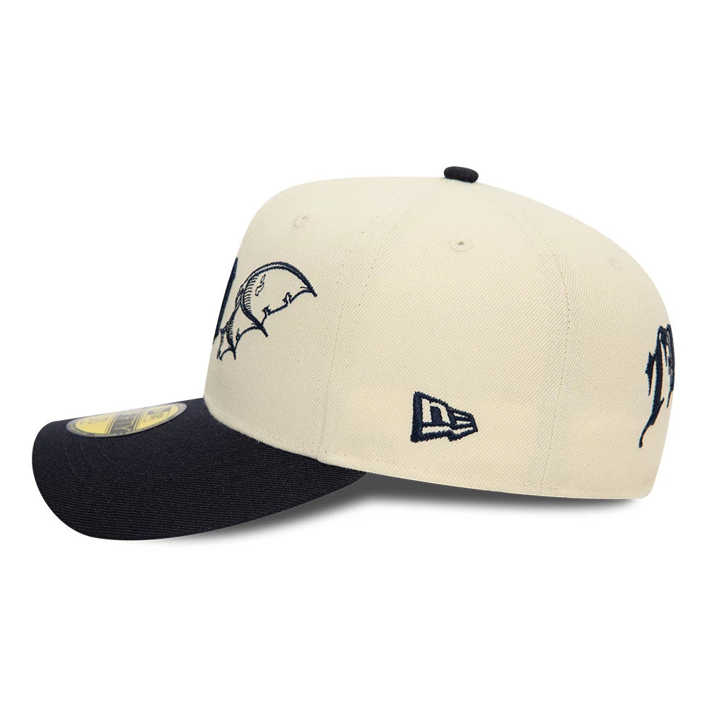 Detroit Tigers MLB Team Wings Light Beige New Era 59FIFTY Fitted Cap, side view showing the dark navy New Era flag logo on the left, with a contrasting dark navy visor and the gold 59FIFTY size sticker on top.